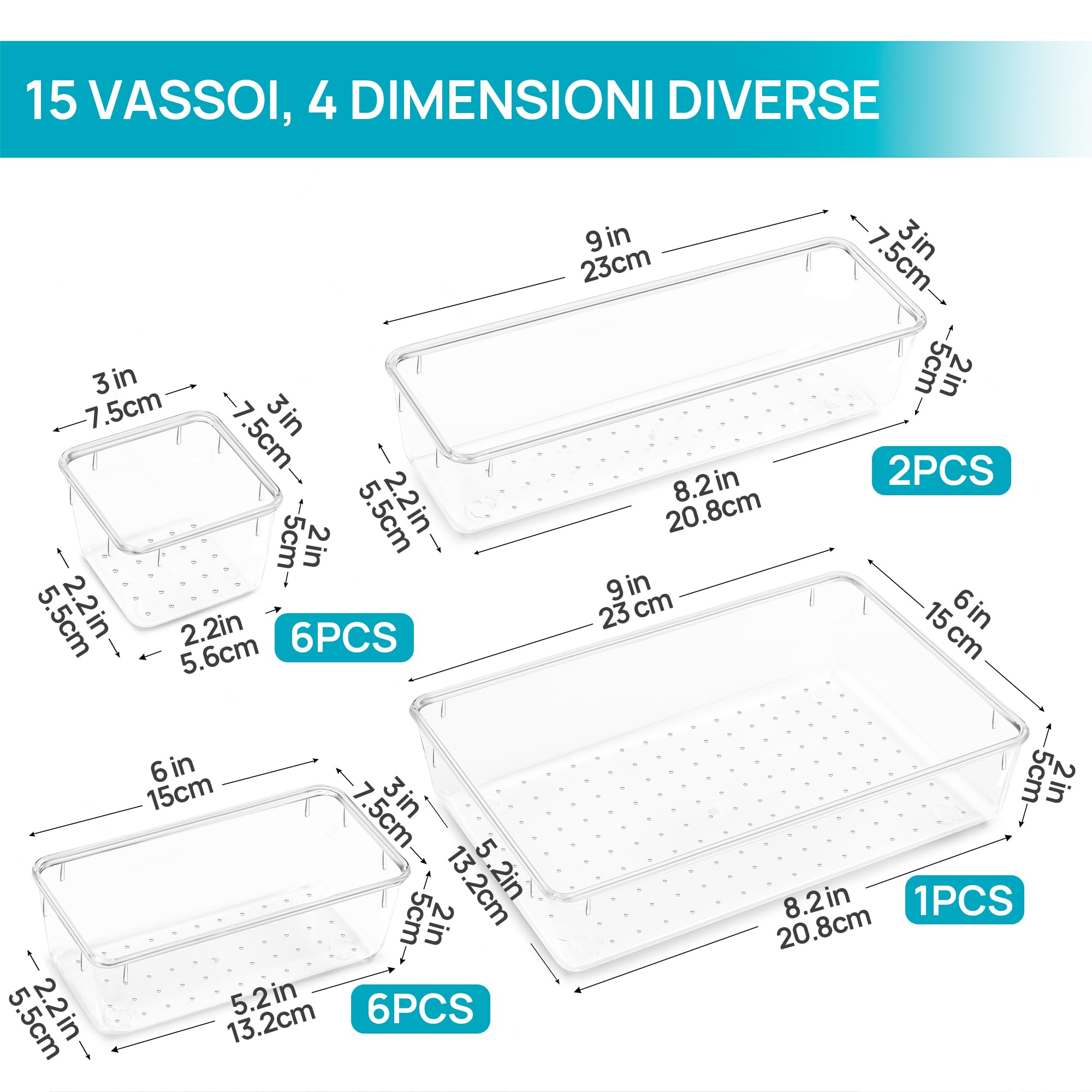 Vtopmart 15 Pezzi Sistema Organizer per cassetti ，4 Dimensioni Organizzatore Cassetti in Plastica Trasparente, Organizer Cassetti Bagno per Trucchi, Scrivania, Ufficio e Cucina