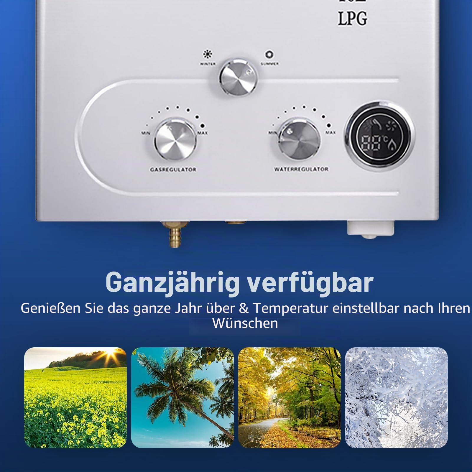 18L Gas Durchlauferhitzer,32KW LPG Propan Warmwasserbereiter Durchlauferhitzer Super Niedrigem 0,5bar Startwasserdruck, für Dusche & Täglichen Gebrauch Campingausflüge Silber