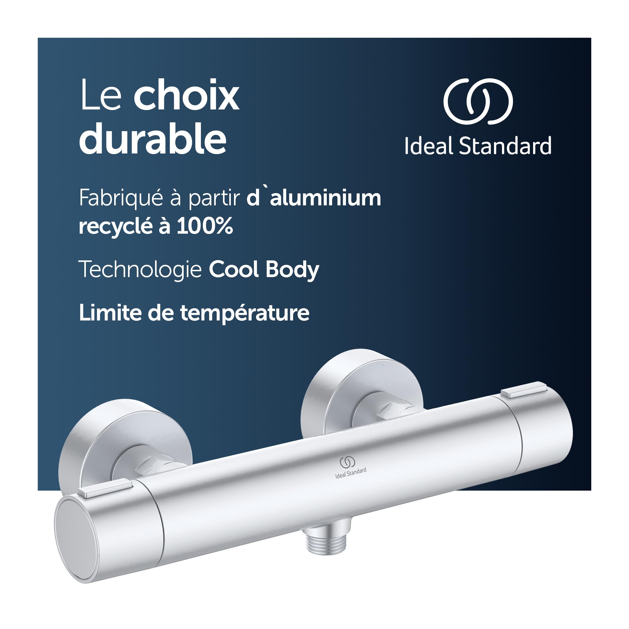 Ideal Standard Ceratherm Alu+ Mitigeur douche apparent, Fabriqué à partir de 100% d'aluminium recyclé, économise l'eau et l'énergie, fonction thermostatique – Argent (292x105x72 mm)