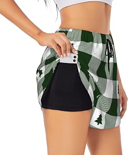 Green White Christmas Tree Lumberjack Plaid Print Women's Athletic Shorts with Liner Gym Running Workout Biker Shorts