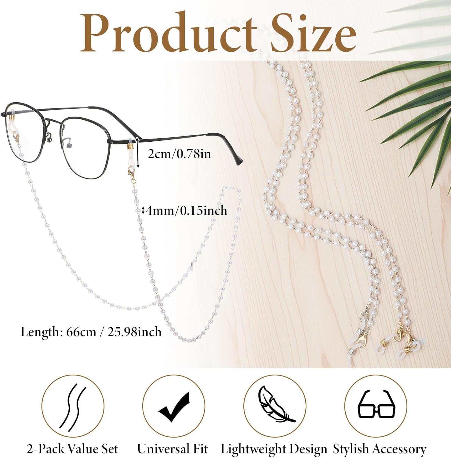 2pcs Pearl Glasses Chain, Eyeglasses Chain Beaded Sunglasses Chains Pearl Eyewear Chain Holder Necklace Around Neck Eyeglass Chain-Cord for Women (No Glass Included)