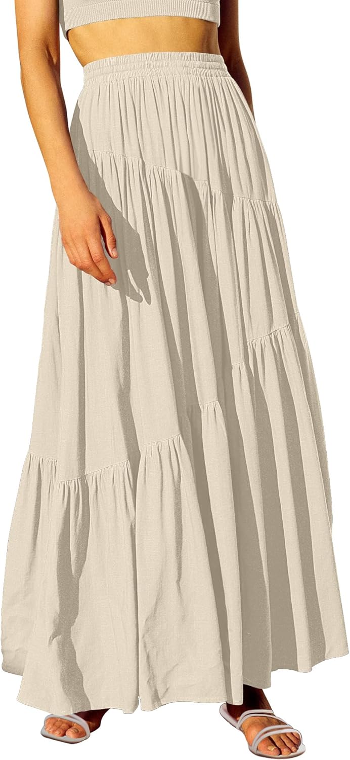 ANRABESS Womens Boho Elastic High Waist Pleated A-Line Flowy Swing Asymmetric Tiered Maxi Long Skirt Dress with Pockets