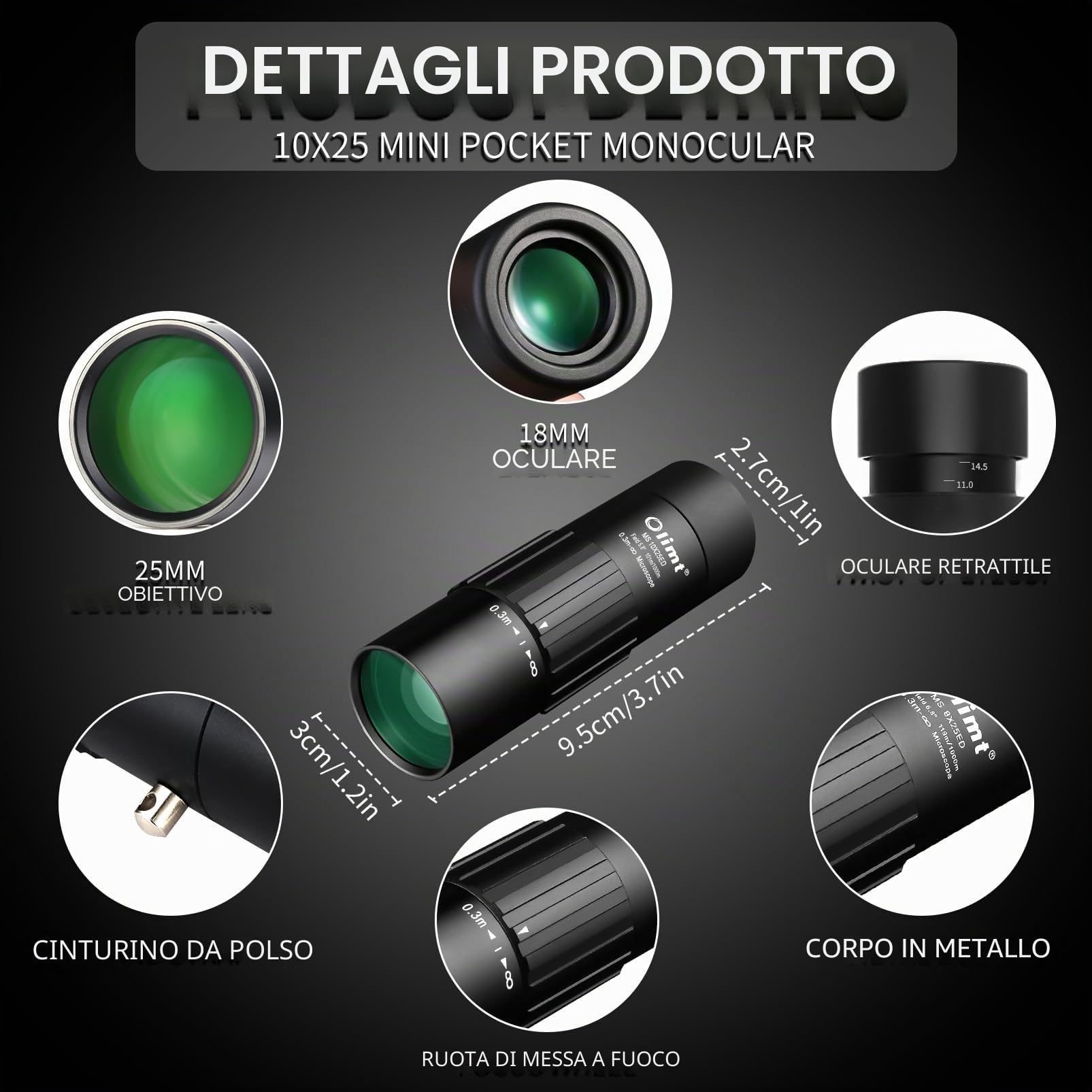 Telescopio monoculare, ingrandimento 10 x 25, compatto, formato tascabile, nero