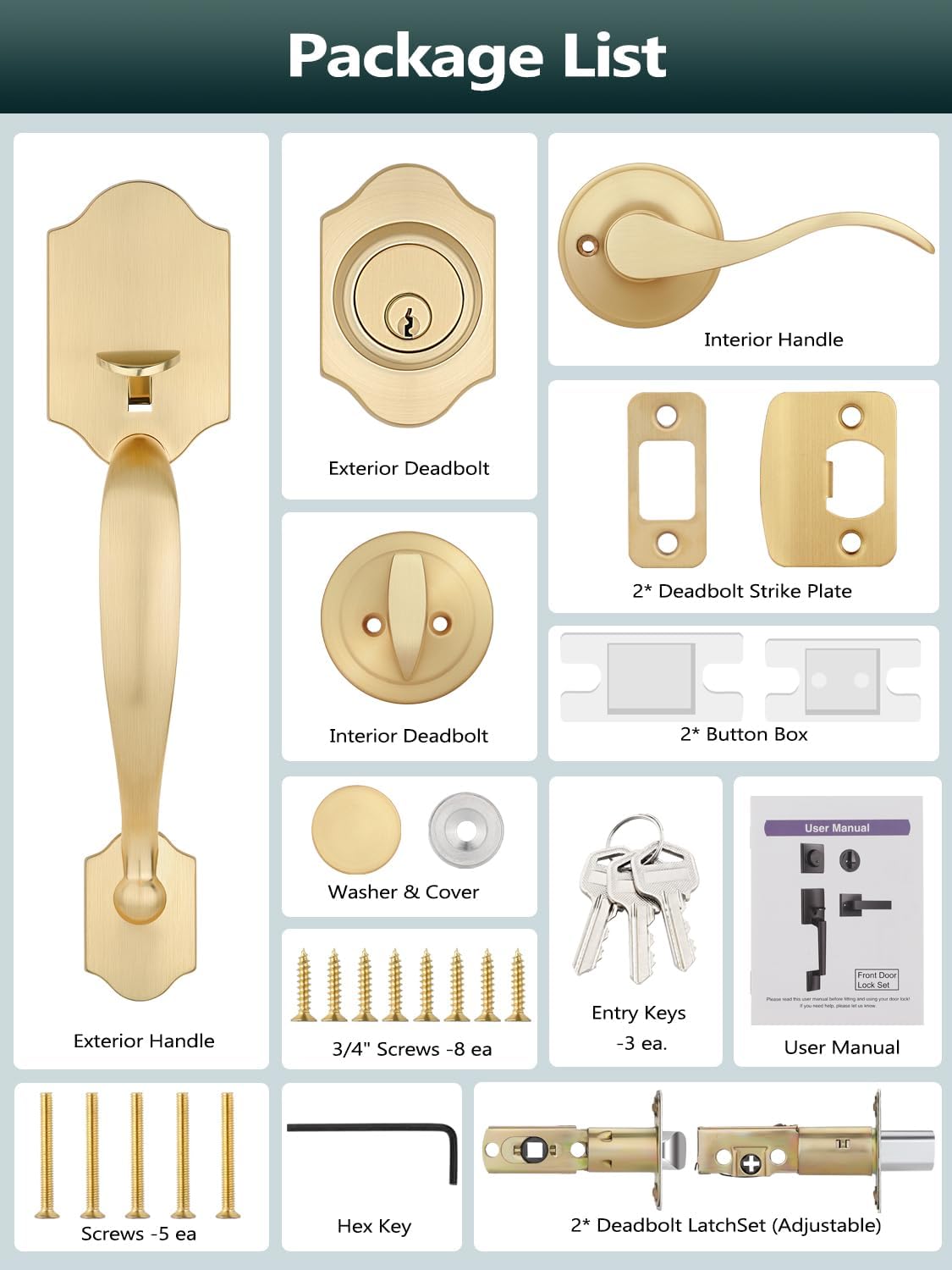 EHOMEWARE Gold Front Door Handle and Deadbolt Set, Exterior Door Lock Set, Keyed Different Entry Door Handle, Satin Brass Finish, Wave Door Lever for Left/Right Handed Doors