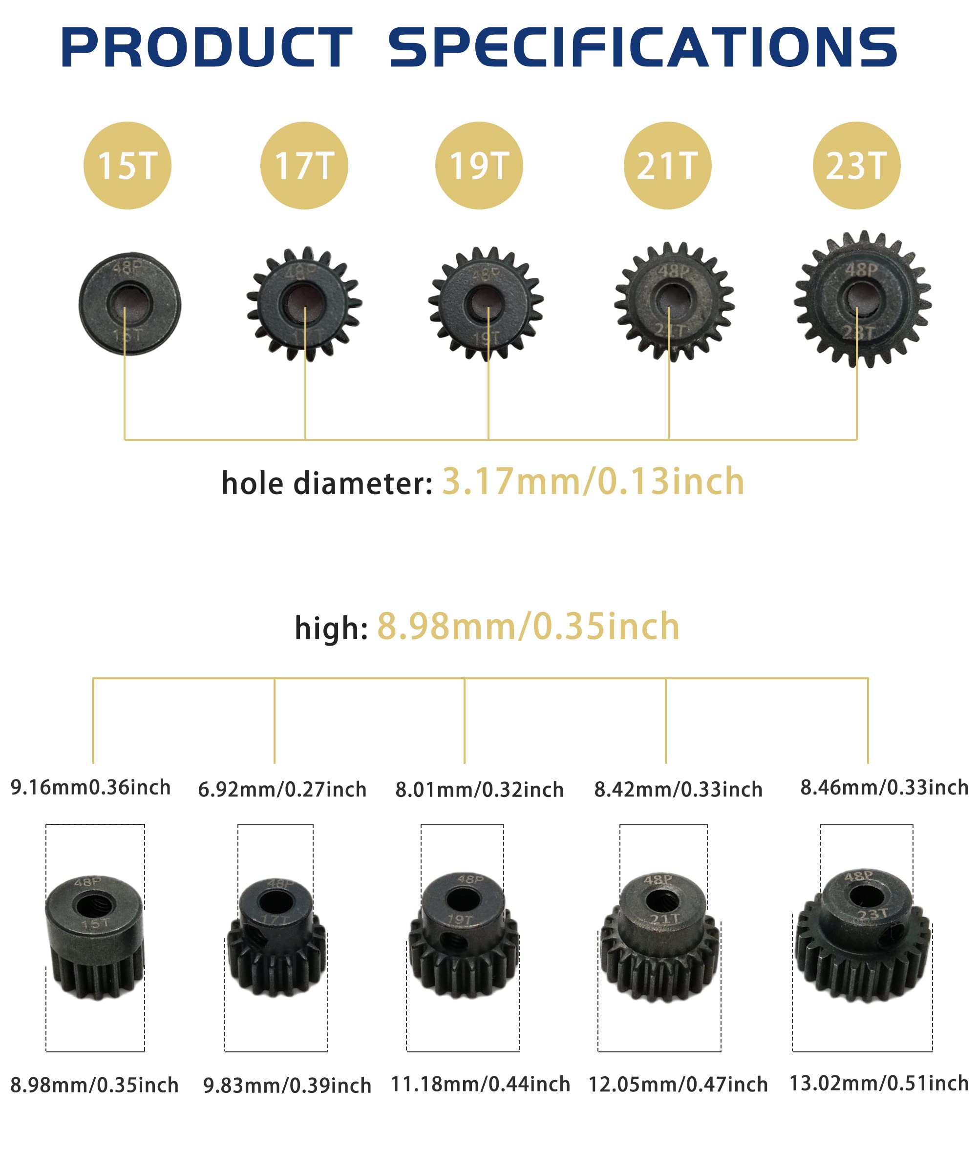HOPLEX 48P Pinion Gear Set Hardened Metal 15T 17T 19T 21T 23T with Screwdriver for 3.175mm Shaft 1/10 RC Brushless Brush Motor
