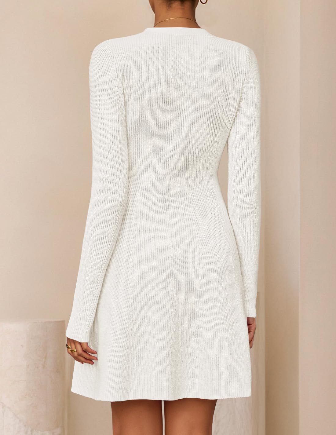 ZESICA Women's Fall Long Sleeve Sweater Dress 2026 Casual V Neck Button Ribbed Knit A Line Swing Mini Dresses - Image 3