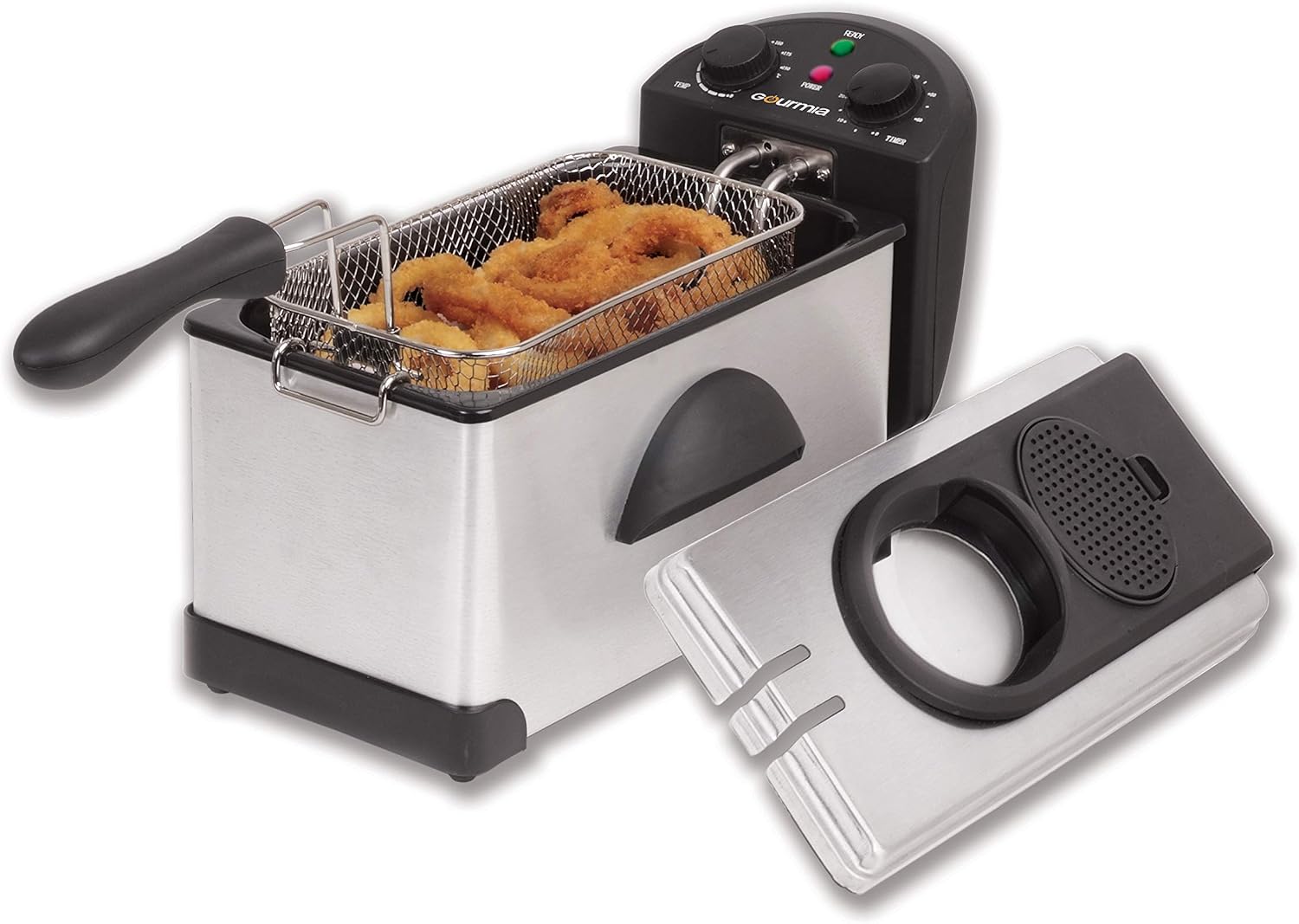 Gourmia GDF300 Compact Electric Restaurant Deep Fryer - 1 Basket - Dual Temperature and Timer Dials - 3L - 12 Cups - 2 ½ Lb Food Capacity - Anti-Odor - 1500W - Stainless Steel - Free E-Recipe Book