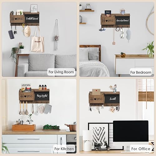 Miniatura 6 de RELBRO Soporte para Llaves de Pared, Organizador de Correo y Llaves de Pizarra de Madera con Estante, 12 Ganchos para Llaves, Marrón