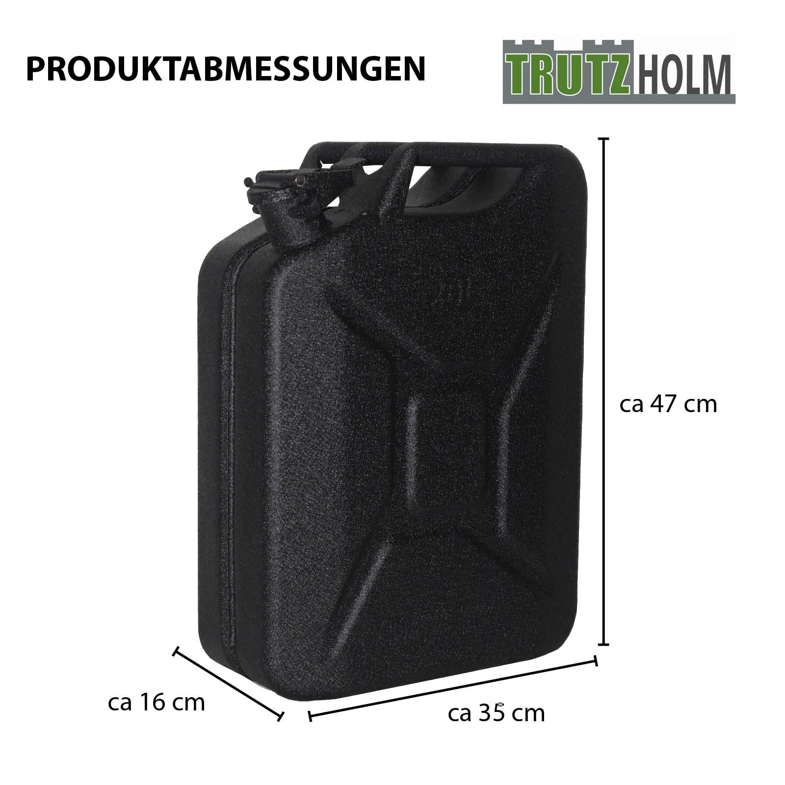 TRUTZHOLM 2 x Kraftstoffkanister Metall Benzinkanister 20 Liter - Schwarz - UN-Zulassung, inkl. Ausgießer & Halterungen