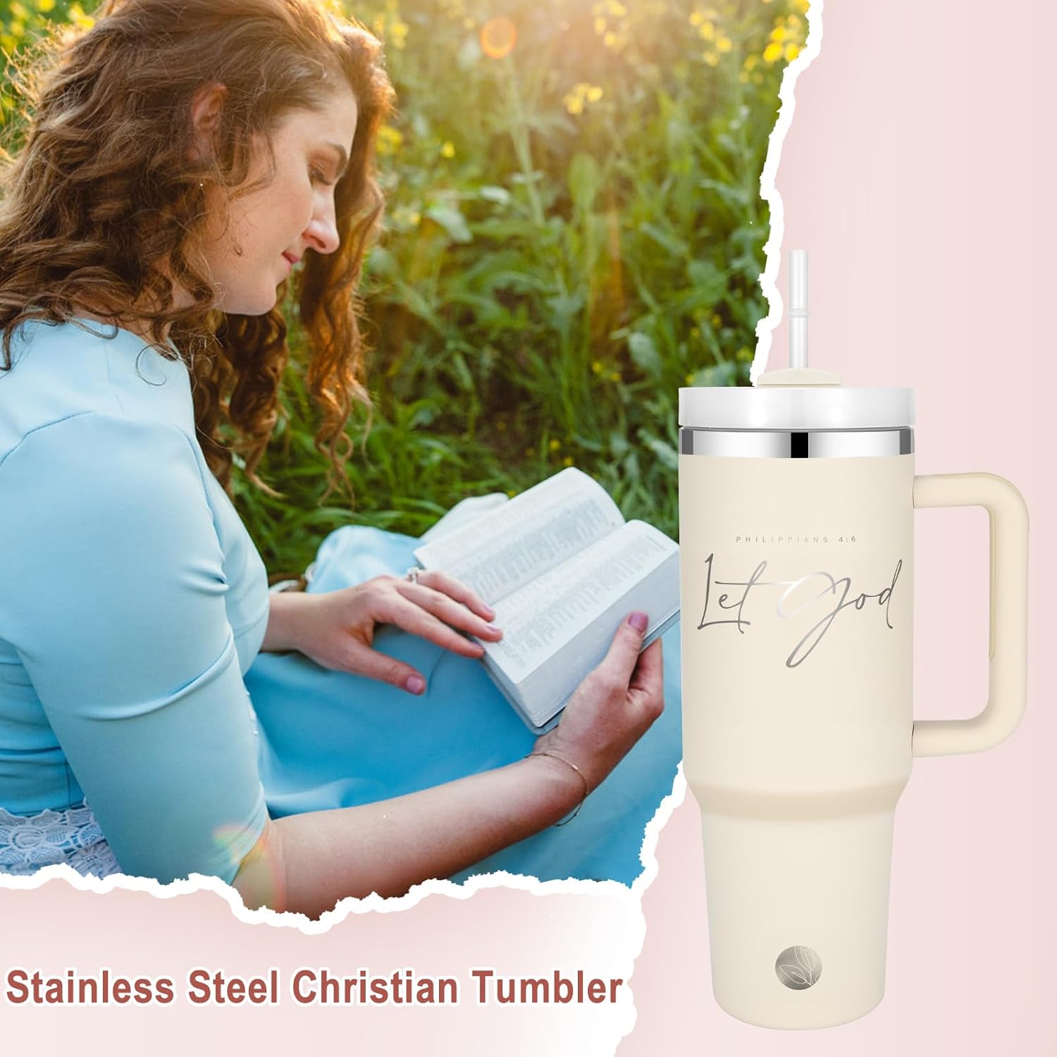 Christian Tumbler with Handle and Straw, 40 oz Christian Travel Mug with Inspirational Bible Verse, Inspirational Religious Faith Jesus God Gifts for Women, Stainless Steel Insulated Coffee Cup - Image 5