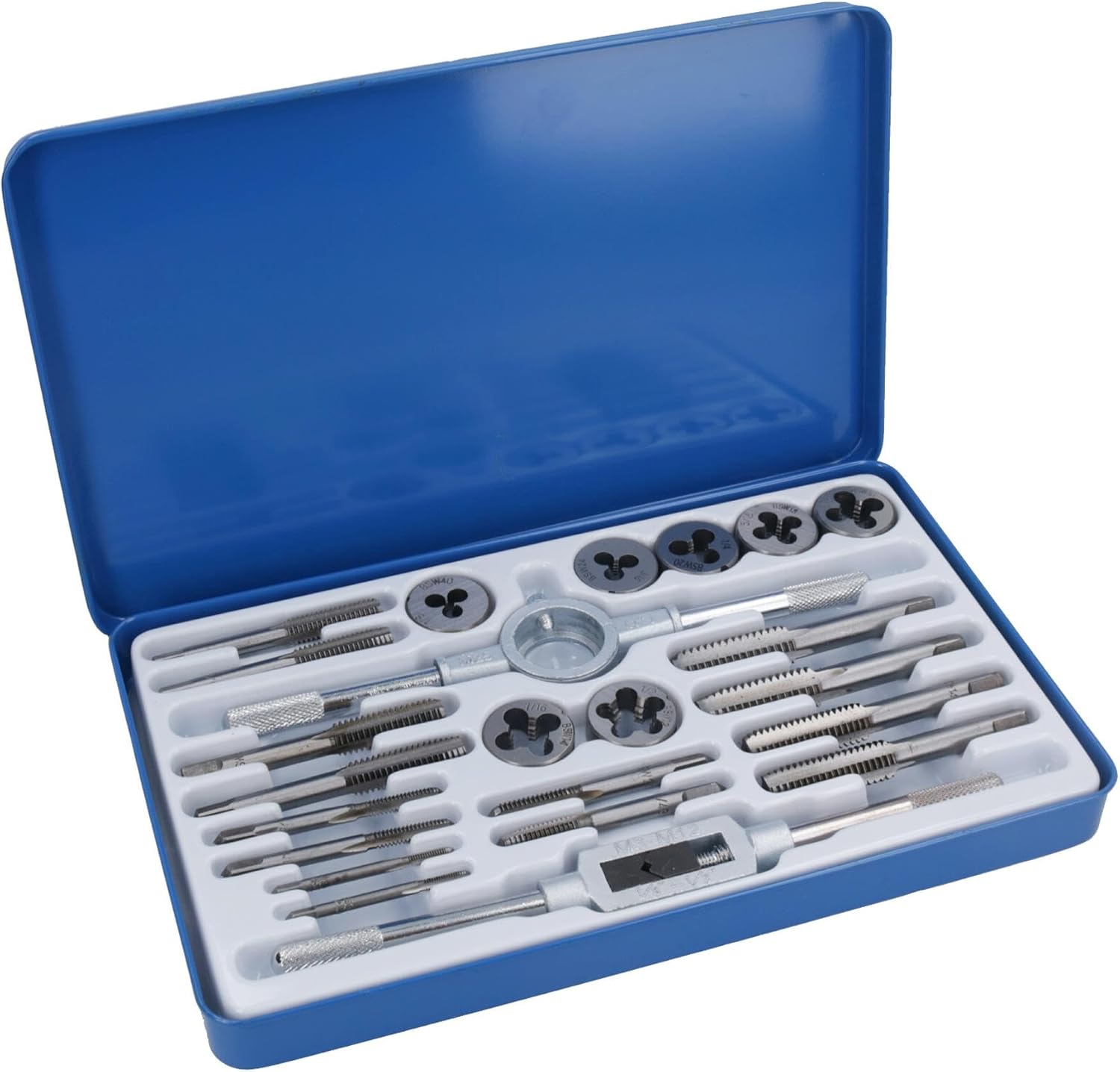 23pc BSW British Standard Whitworth Tap and Die Set with 1/8 - 1/2 BSW, 25mm (1 inch) Dies, Taps, Tap & Die Wrench, Storage Case