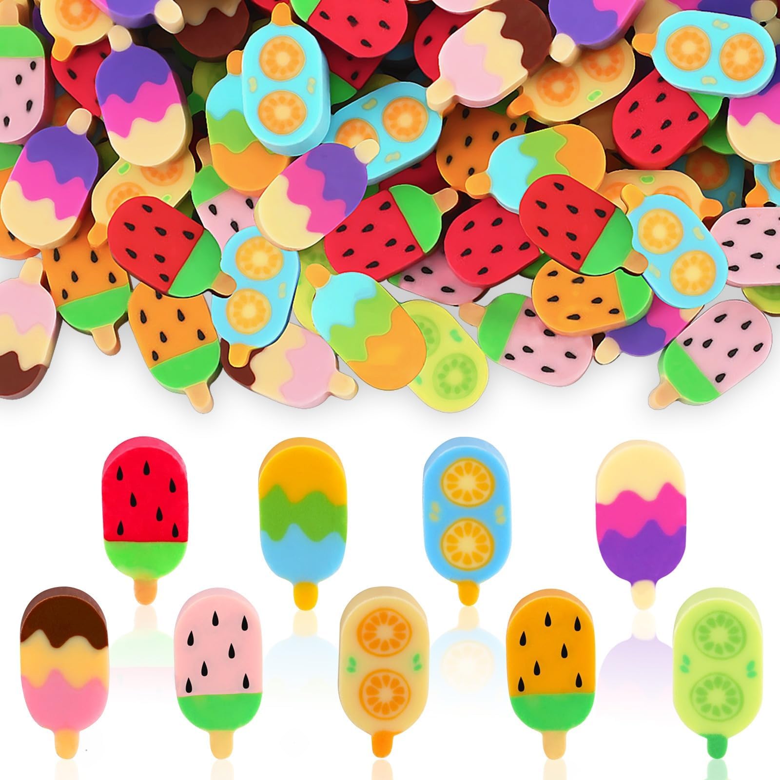 JUNEBRUSHS 150Pcs Ice Cream Mini Erasers for Kids Bulk, Cute Fruit Shaped Pencil Erasers for School Classroom Prizes Homework Rewards Gifts Party Favors