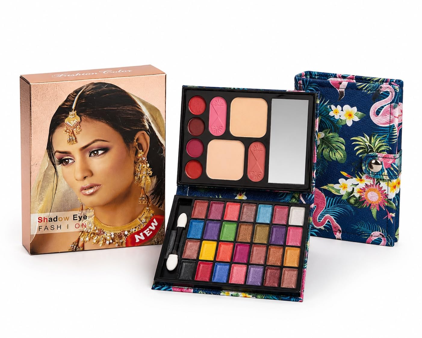 Fashion Color Shadow Eye Makeup Palette with Mirror | 24 Eyeshadow Shades, Includes Blush & Foundation, Built-in Mirror, Tropical Print Case, Applicator Brush Included-image-15