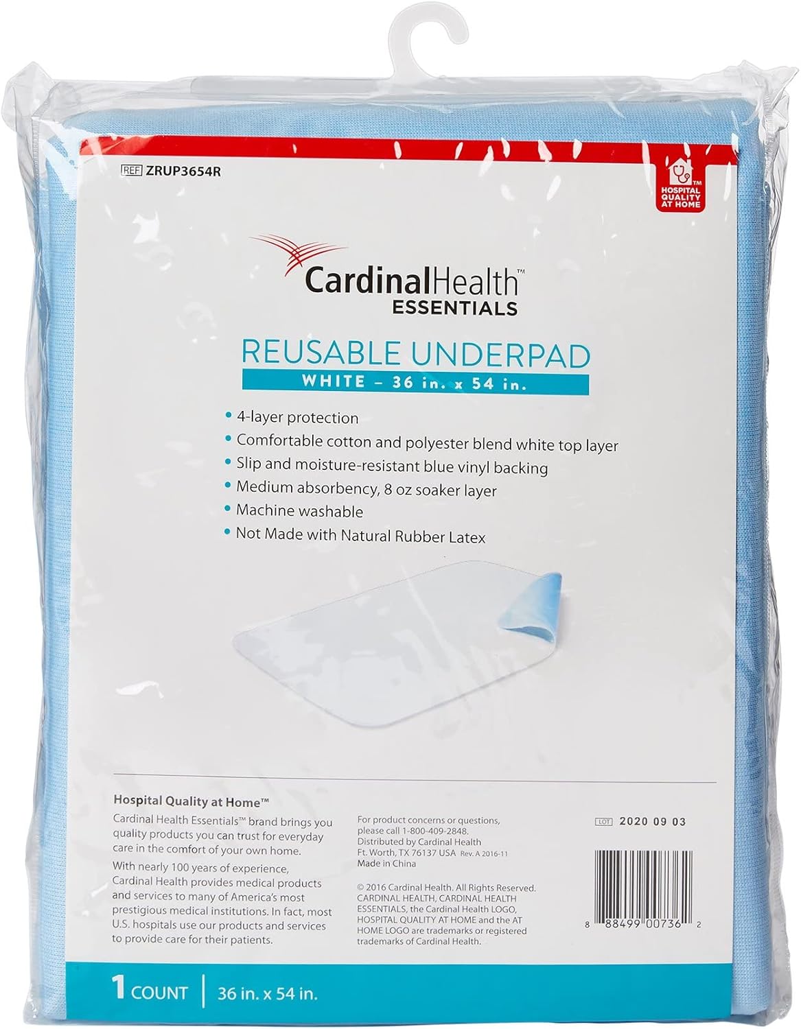 Cardinal Health Essentials Reusable Underpad Polyester / Rayon 36X54 ZRUP3654R 3 Pads