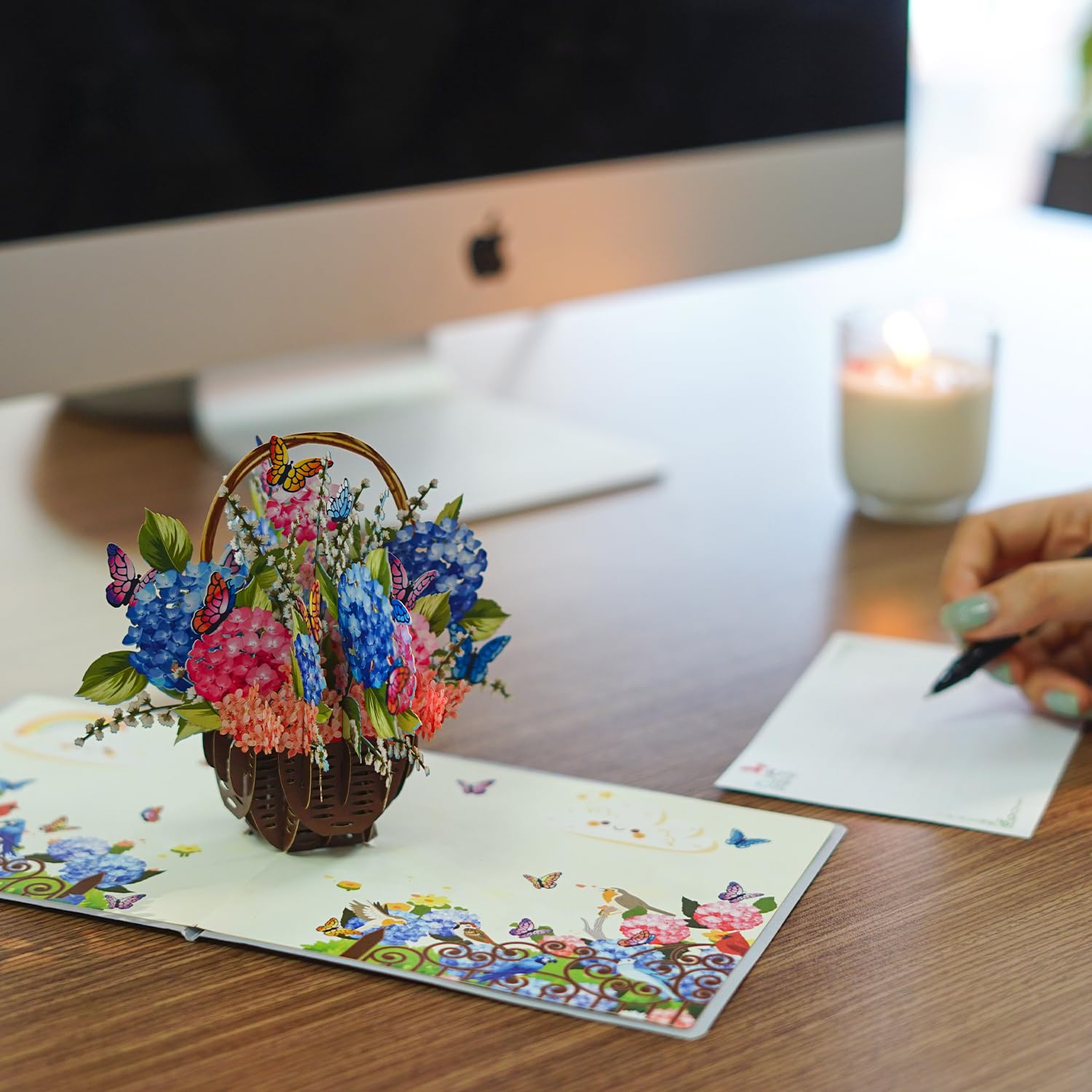 CUTE POPUP - Tarjeta desplegable de cesta de hortensias – Tarjetas de felicitación de agradecimiento, cumpleaños, pensando en ti, recuperarse, día de San Valentín y día de la madre para mujeres, novia