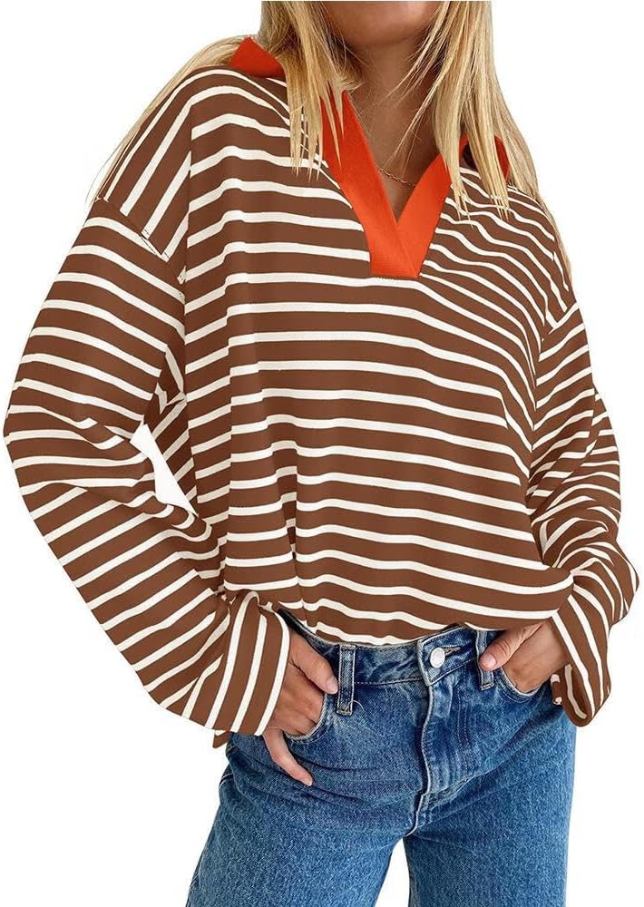 FMCHICO Womens Oversized Sweatshirt 2024 Striped Long Sleeve Casual V Neck Colorblock Pollover Tunic Tops
