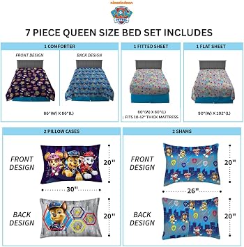 Franco Paw Patrol Kids Bedding Super Soft Comforter and Sheet Set with Sham, 7 Piece Queen Size, (Official Licensed Product)