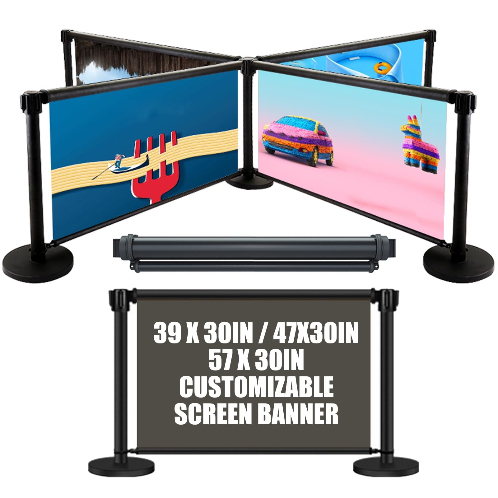 Barreras De Puntales Banner Personalizado De Control De Multitudes, Divisores De Línea De Cola De Seguridad Para Interiores Y Exteriores, Conjunto De Publicidad De Puntales De Versatilidad (145 Cm/4,