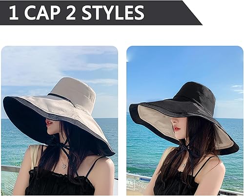 Miniatura 4 de Sombrero de sol de ala ancha de 7 pulgadas para mujer, sombrero grande plegable con protección UV, se puede llevar en ambos lados
