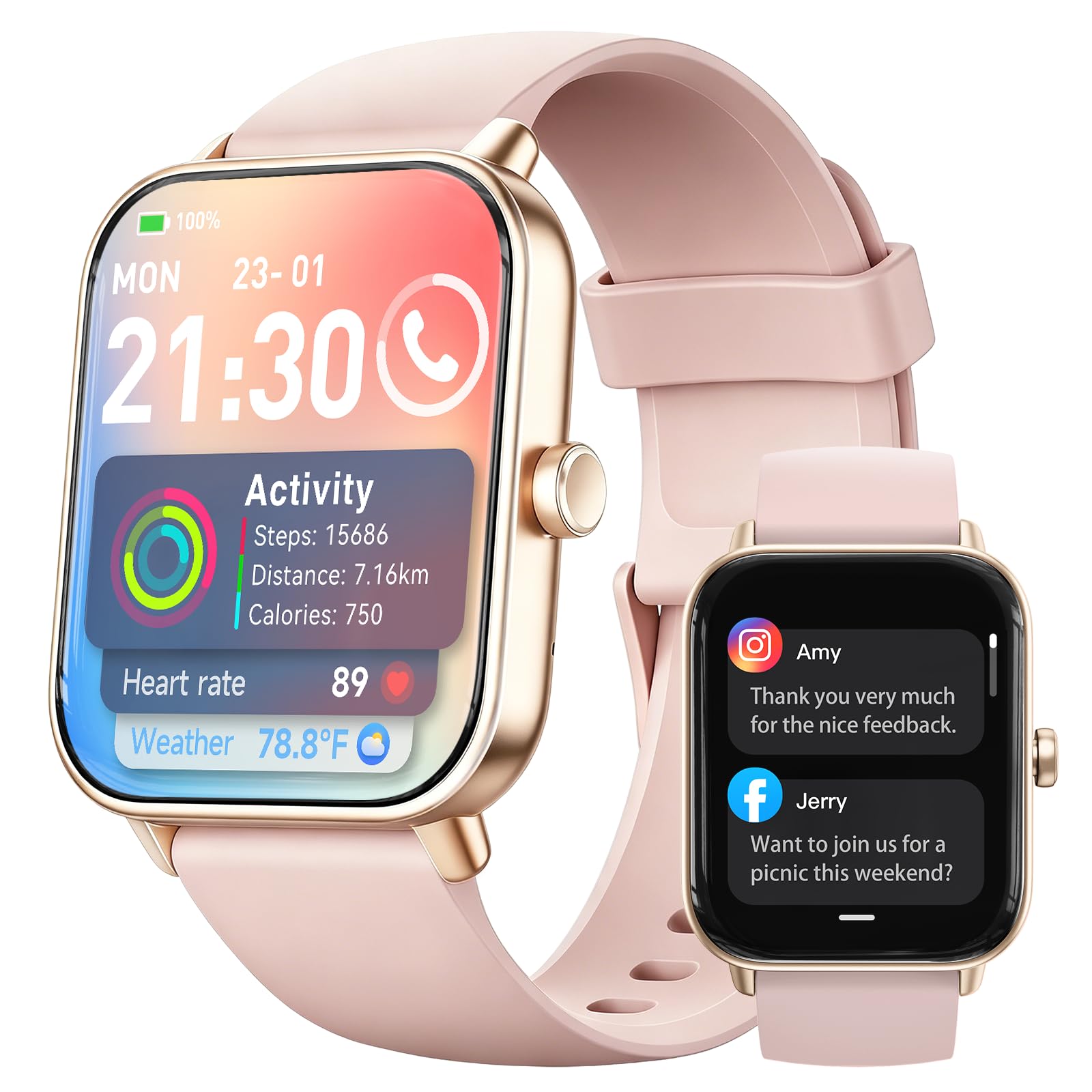 Smart Watch for Women,1.85 inch AMOLED Touchscreen for Android & iPhone Alexa Built-in Bluetooth Calls,Fitness Watch 110+ Sport Modes Heart Rate/Sp02/Sleep/Calories Monitor IP68 Waterproof Pink 1.85