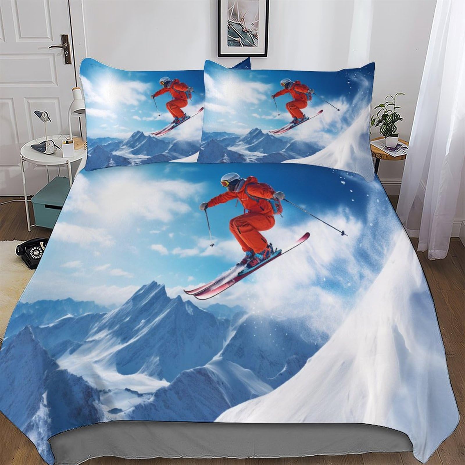 Parure de lit ski de montagne 3 pièces 220x240cm housse de couette adultes enfants