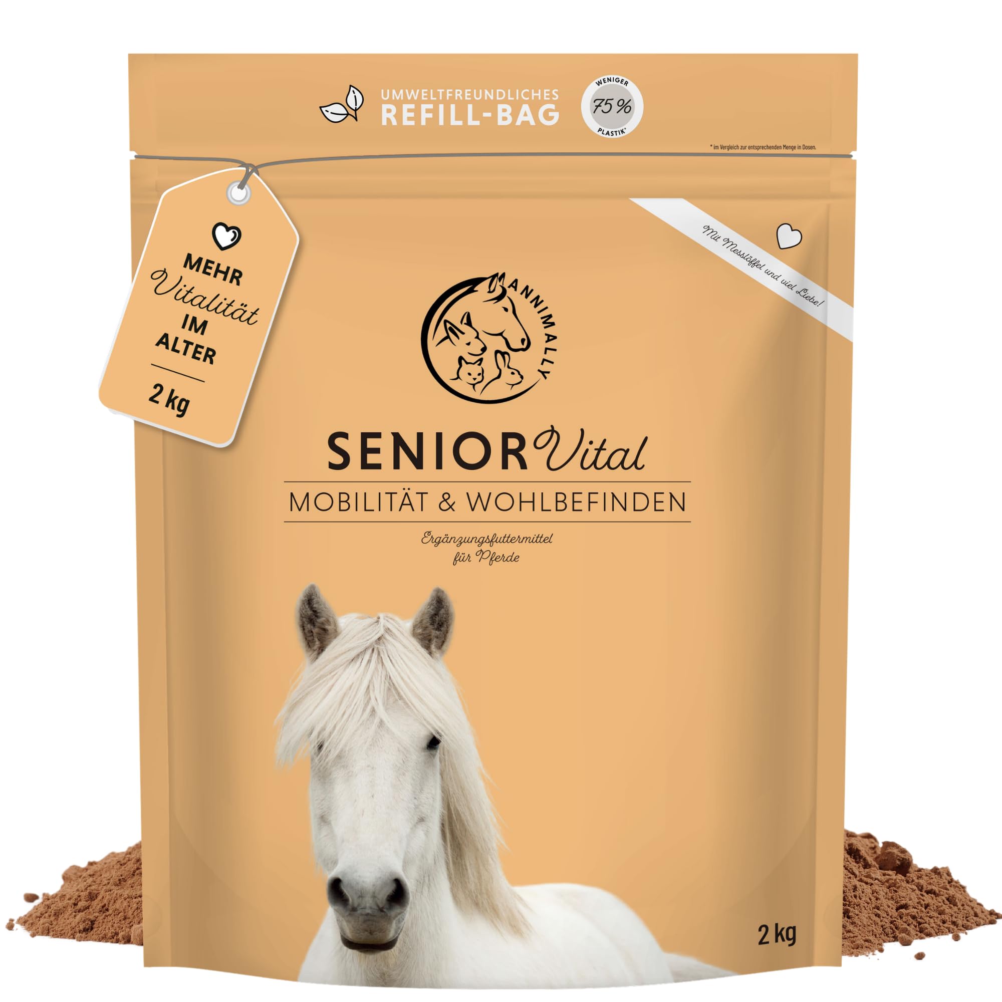 Annimally Senior Vital Pulver Pferd mit MSM, Traubenkern, Glucosamin, Teufelskralle - Senior Zusatzfutter zur Unterstützung von Herz & Kreislauf sowie Knochen und Gelenke im Alter (800 Gramm)