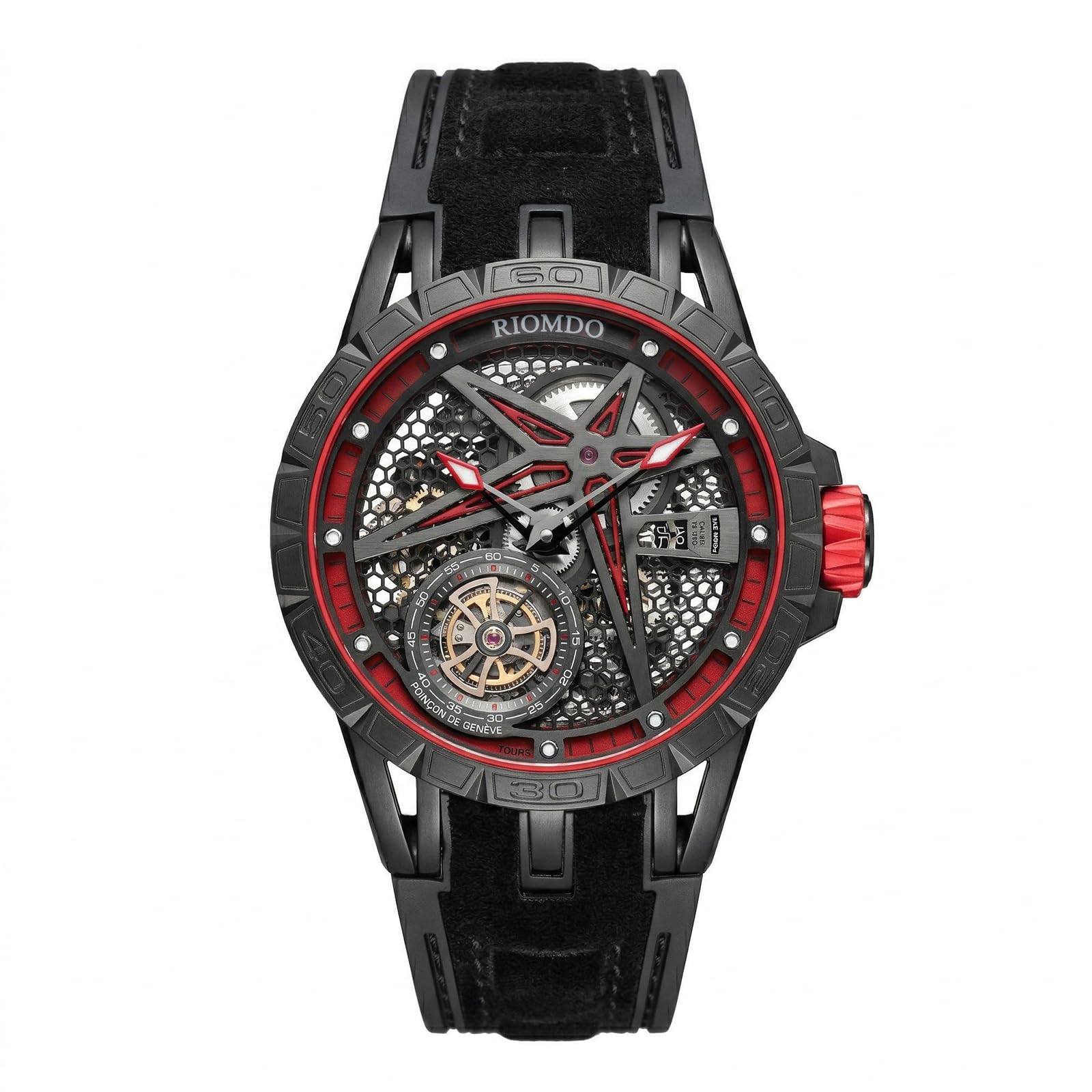 OBLVLO Męski 46 mm mechaniczny automatyczny zegarek maszynowy z wydrążoną tarczą 50 m wodoodporny gumowy pasek wojskowy zegarek RD-901