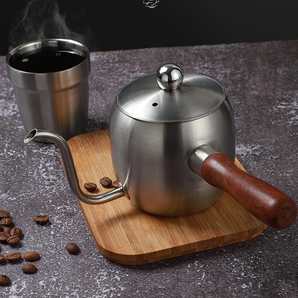 500ml Gooseneck Coffee Kettle, 304 Stainless Steel Pour Over Coffee Pot with Wooden Handle, Compatible with Gas & Induction Stoves for Coffee, Tea, Camping