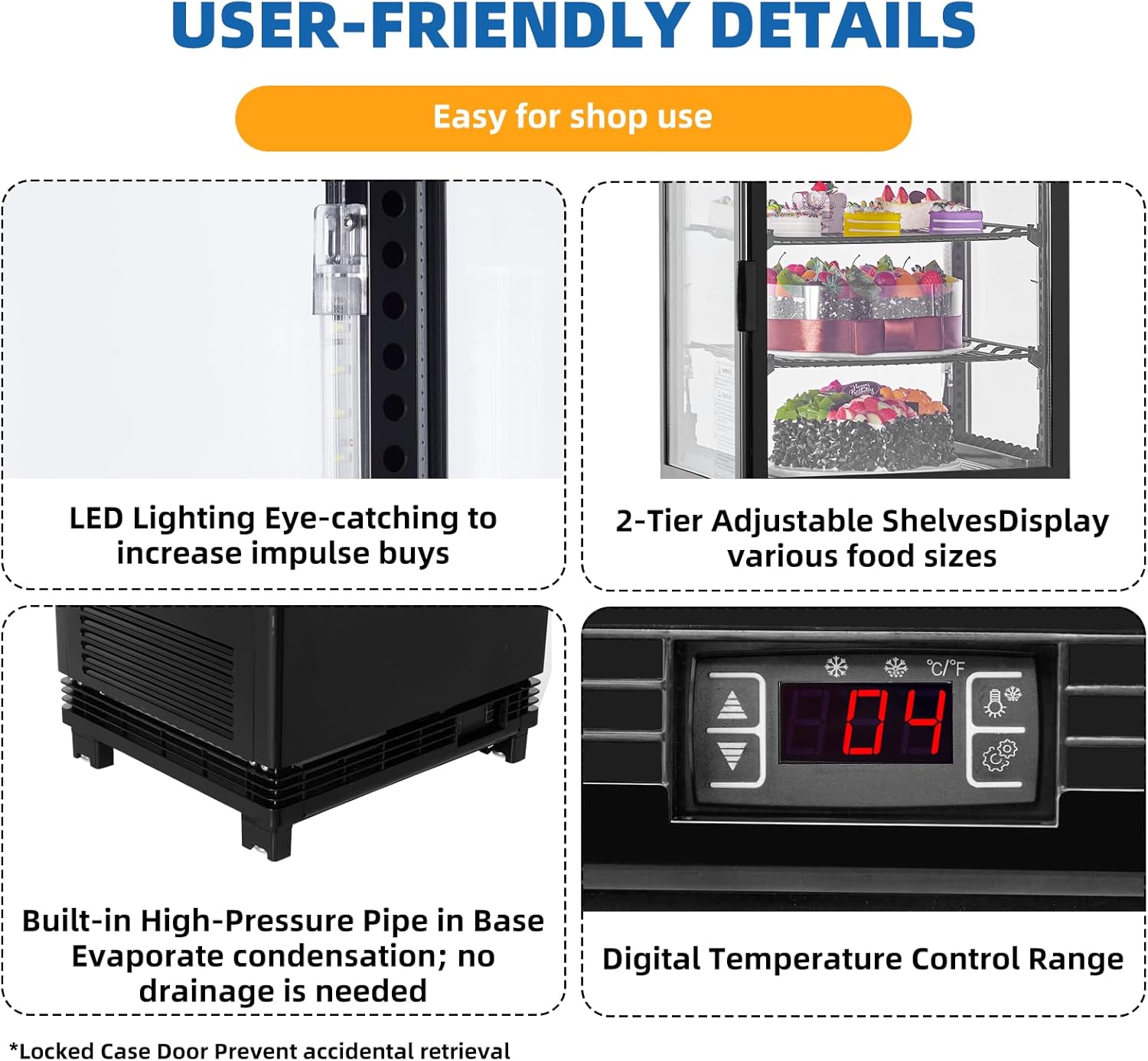 Refrigerated Display Case, 2.0Cu.Ft, Countertop Pastry Display Case Commercial Display Refrigerator with LED Lighting, Frost-Free Air-Cooling, Locked Door for Bakery