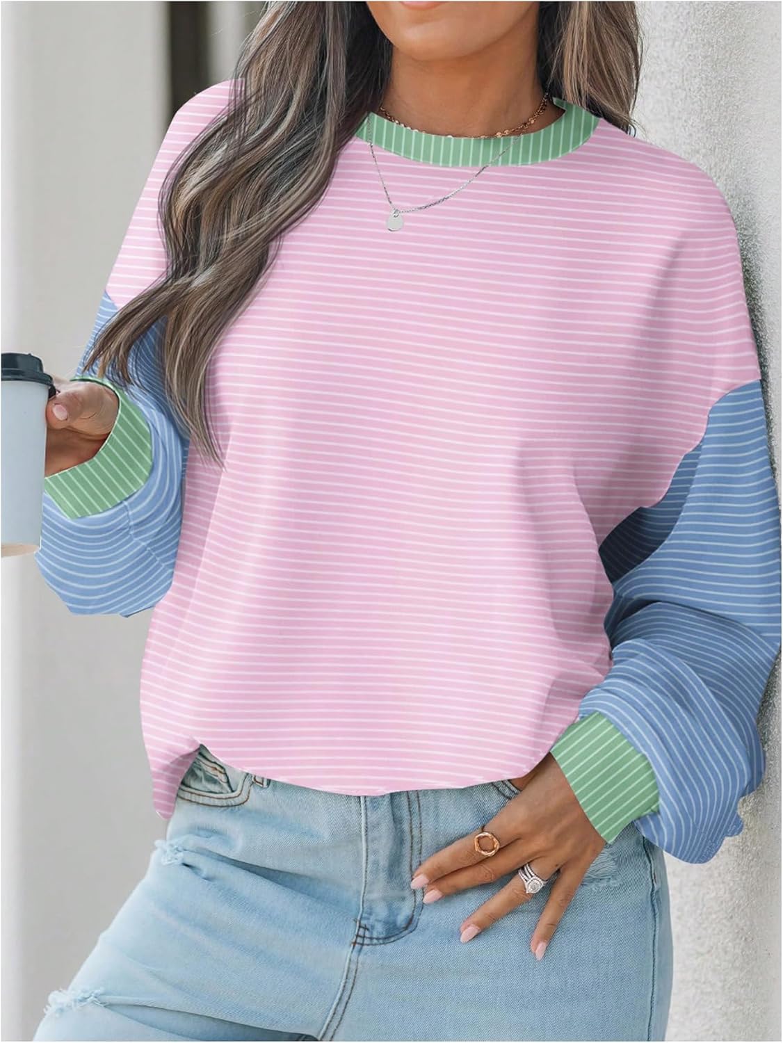 WDIRARA Women's Plus Size Colorblock Striped Sweatshirts Crew Neck Long Sleeve Pullover Tops - Image 3