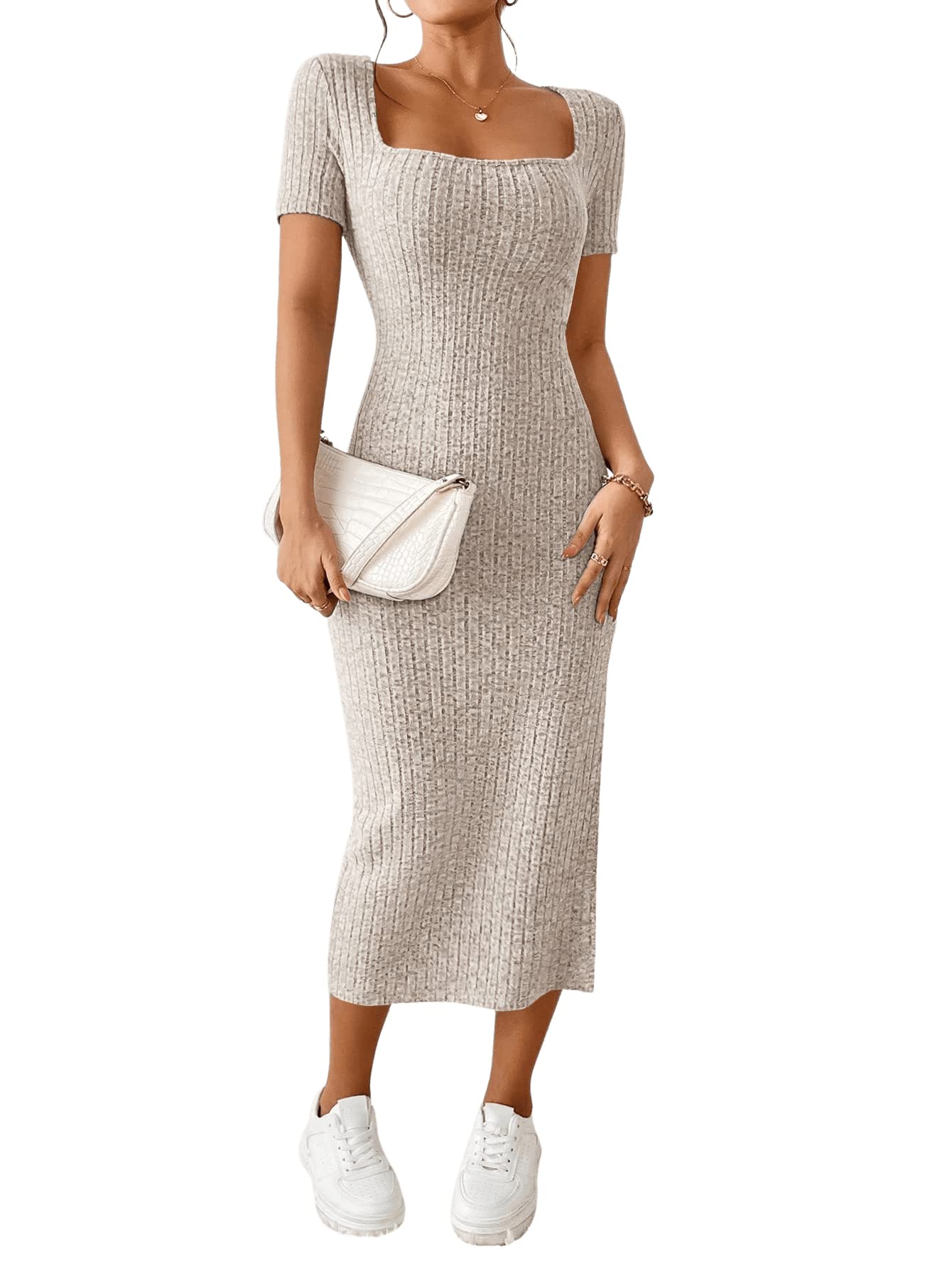GORGLITTER Vestido con abertura para mujer, de verano, largo, bodycon elegante, de punto acanalado, manga corta, con escote cuadrado