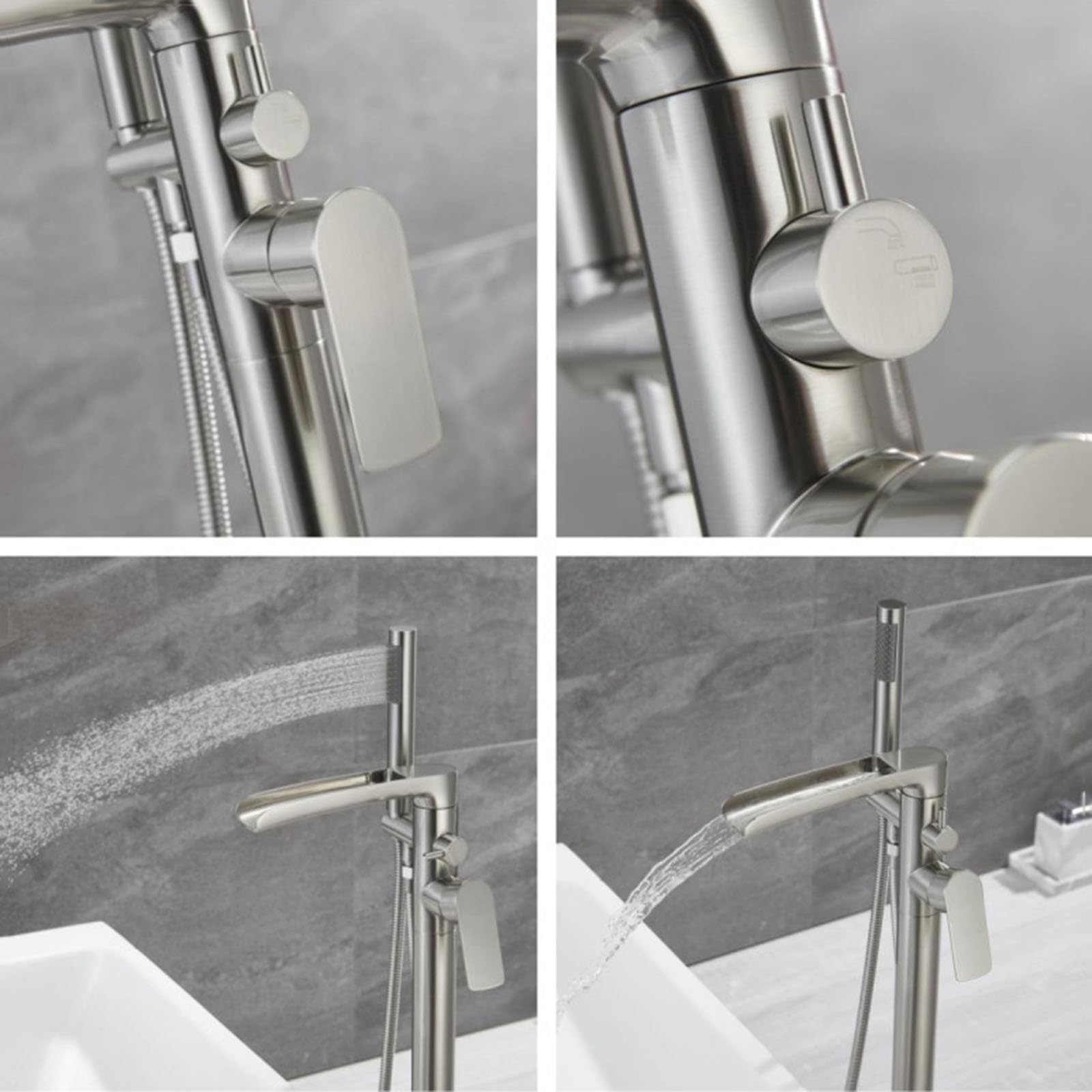 Miscelatore Vasca da Bagno con Cascata e Doccetta a Pavimento 2 Uscite Acqua Rubinetto Doccia Monocomando,Spazzolato