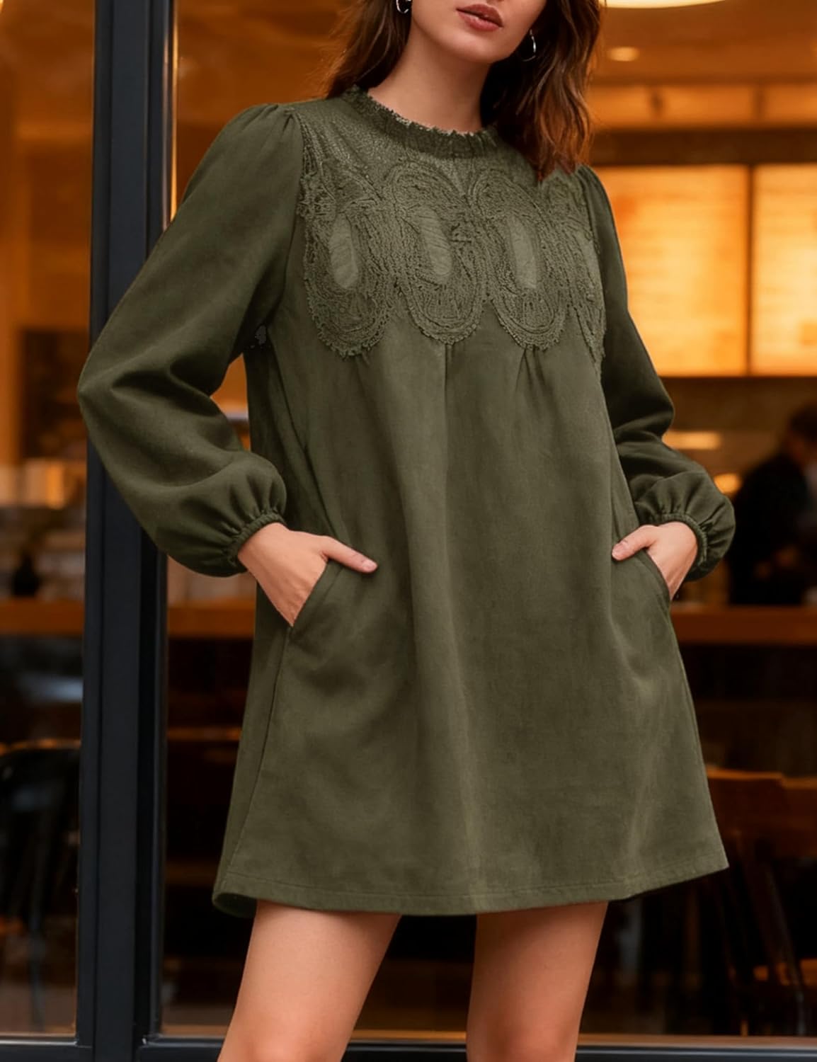 Athlisan Women's 2025 Fall Mini Dress Long Sleeve Faux Suede Lace Patchwork Babydoll A-Line Swing Dress with Pockets - Image 2