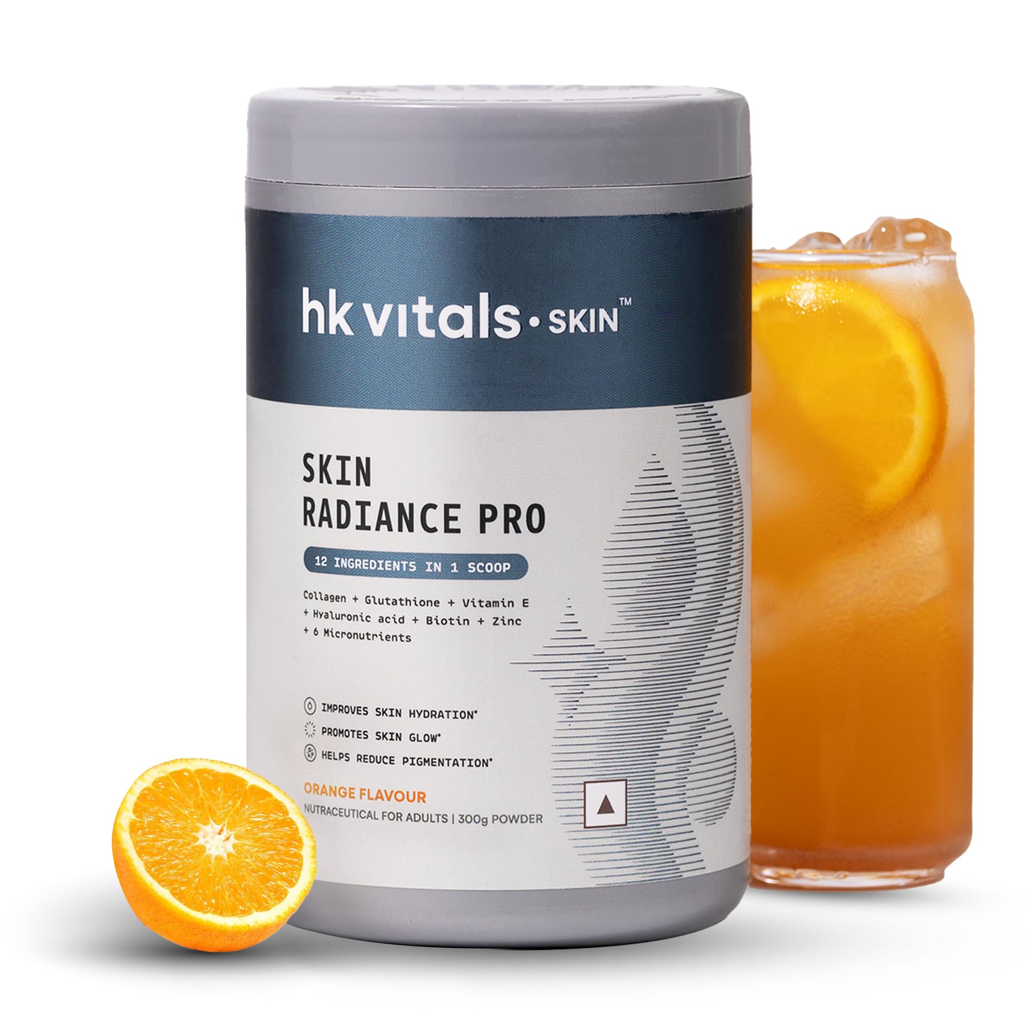 HealthKart hk vitals Skin Radiance Pro Marine Collagen Supplement Powder (Orange, 300g) | Collagen Peptides with Glutathione, Biotin, Vitamin C, E