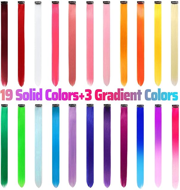 22 PCS Rainbow Colored Hair Extensions Clip In for Girls 22 Inch Colorful Straight Hair Extensions for Party Highlights Hair Accessories Hair Pieces for Women