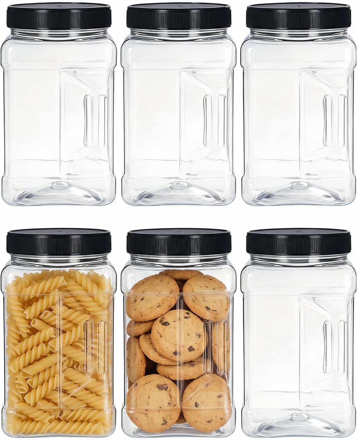 Square Plastic Jars with Lids - 6 Pack 60 Oz Clear Food Storage Containers for Pantry & Dry Goods, Easy Grip Handles, BPA-Free Airtight Kitchen Canisters for Cookies, Rice & Bulk Storage