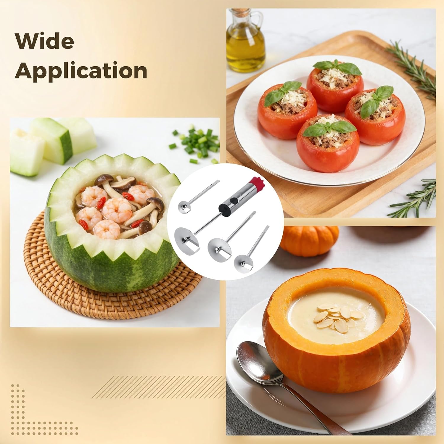 4 Pcs Stainless Steel Vegetable Fruit Corer Set, Includes 8.7 in Corer Body with 4 Sizes Detachable Heads, Quick Core Remover Tool for Zucchini, Potatoes, Apples, and More