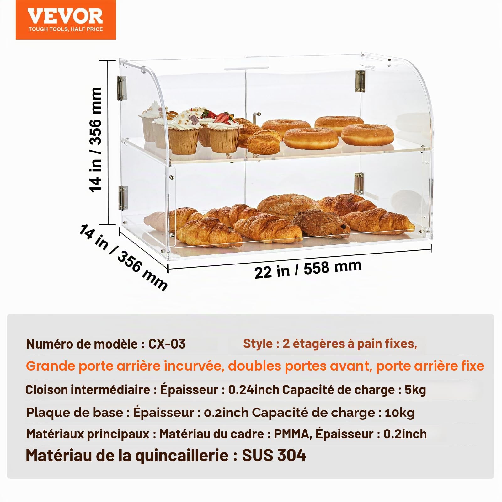 VEVOR Présentoir à Pâtisserie à 2 Niveaux Vitrine de Boulangerie Transparente en Acrylique Léger Étagère Présentation Pâtisserie pour Pain Viennoiserie Dessert Bonbons Bar Café Magasin Restaurant