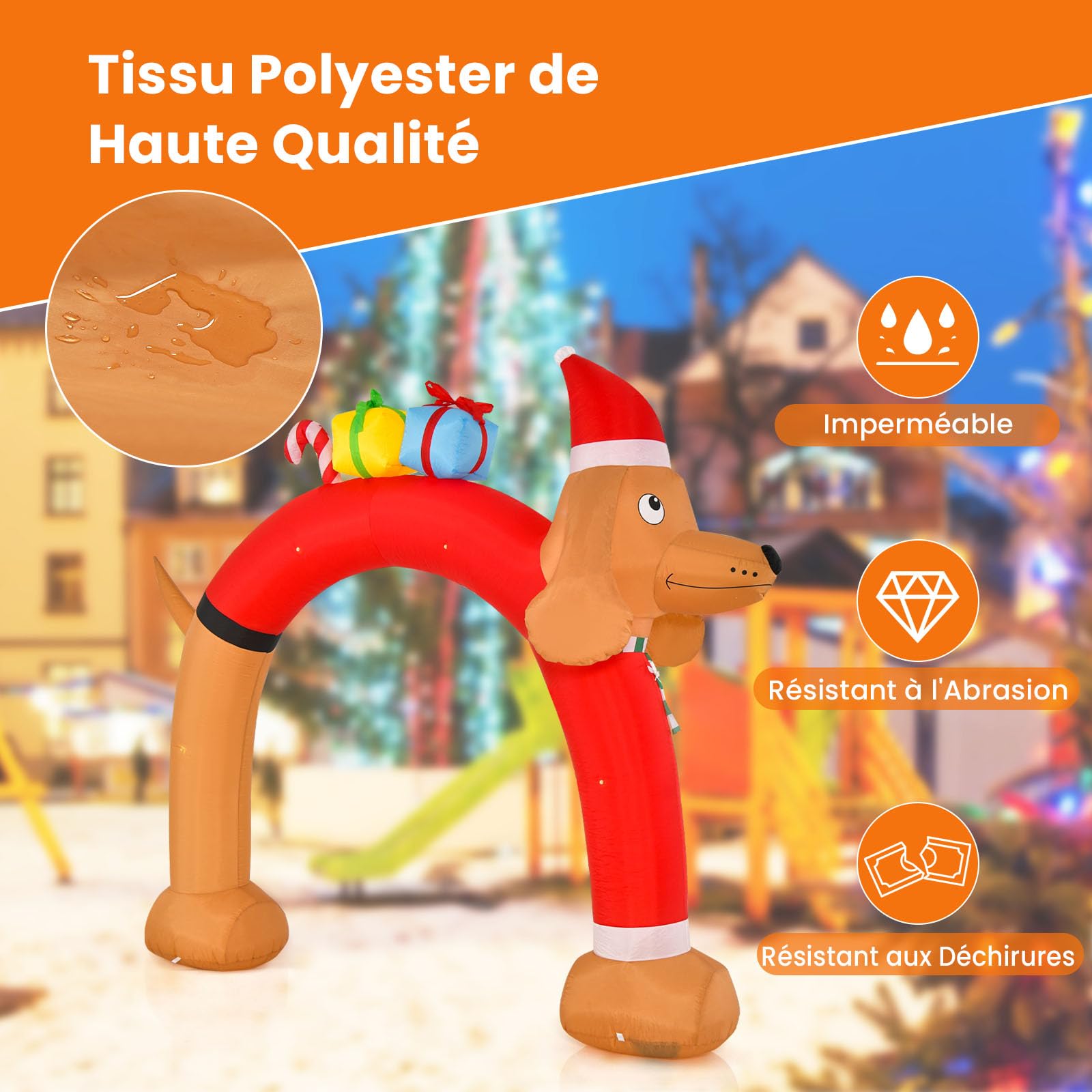 GYMAX Arche Gonflable de Noël Lumineux 242cm, Décoration de Noël Gonflable pour Extérieur Intérieur, Lumineux LED et Souffleur Intégrés, Cordes et Piquets, Décoration Festive