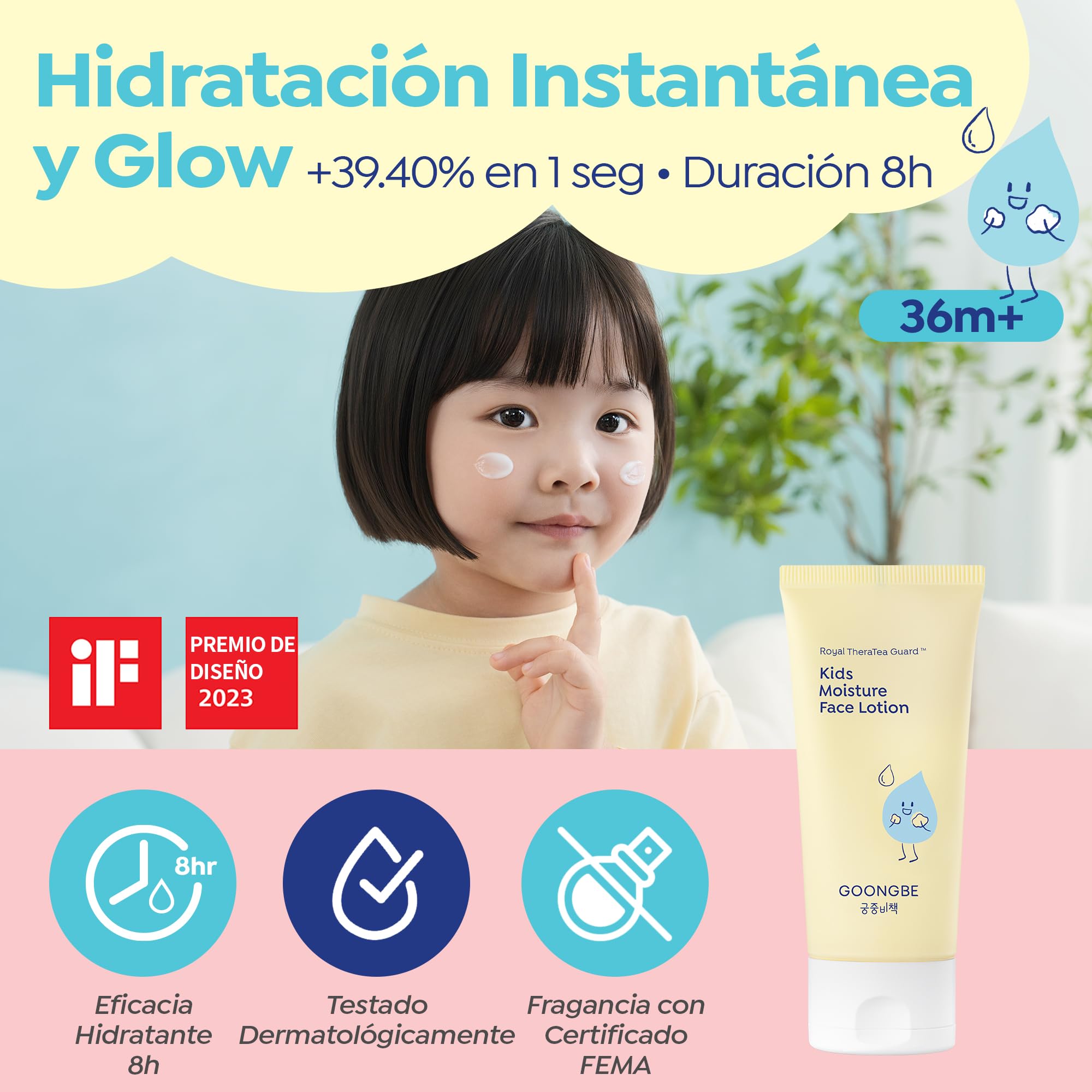 GOONGBE Loción facial hidratante para niños, hidratación facial diaria para niños coreanos, crema hidratante refrescante de 8 horas con Cica y alantoína, fragancia sin alérgenos,