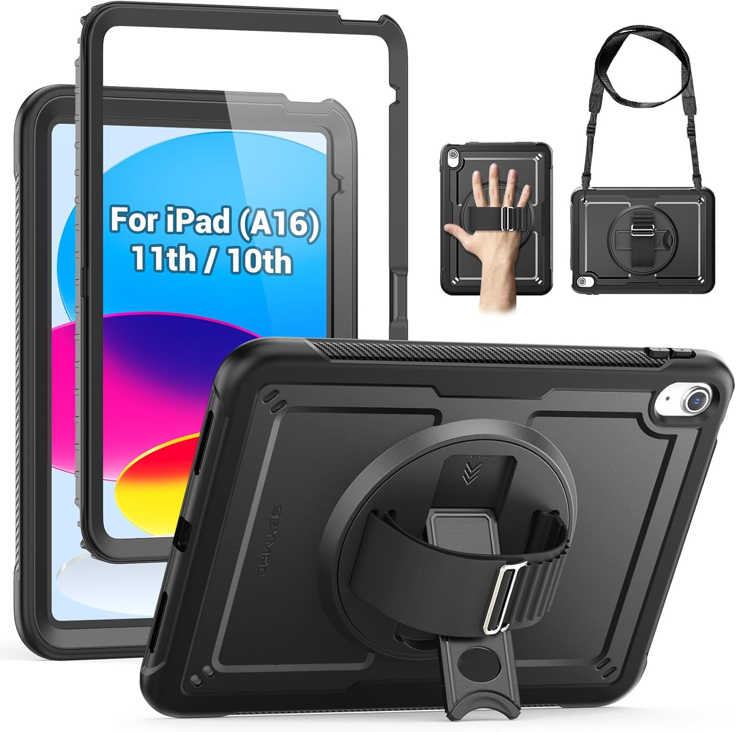 SEYMAC for iPad (A16) 11th/10th Generation Case 2025/2022 (11″/10.9″), Full-Body Shockproof Protective Case with Screen Protector, Rotating Stand, Hand/Shoulder Strap, Black