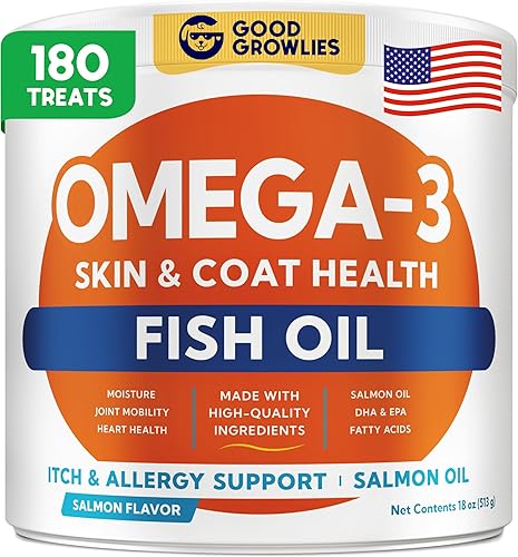 Miniatura 1 de Golosinas de aceite de pescado de Alaska Omega 3 para perros (180 unidades)  Alivio de la piel seca y con picazón + apoyo alérgico  Abrigos