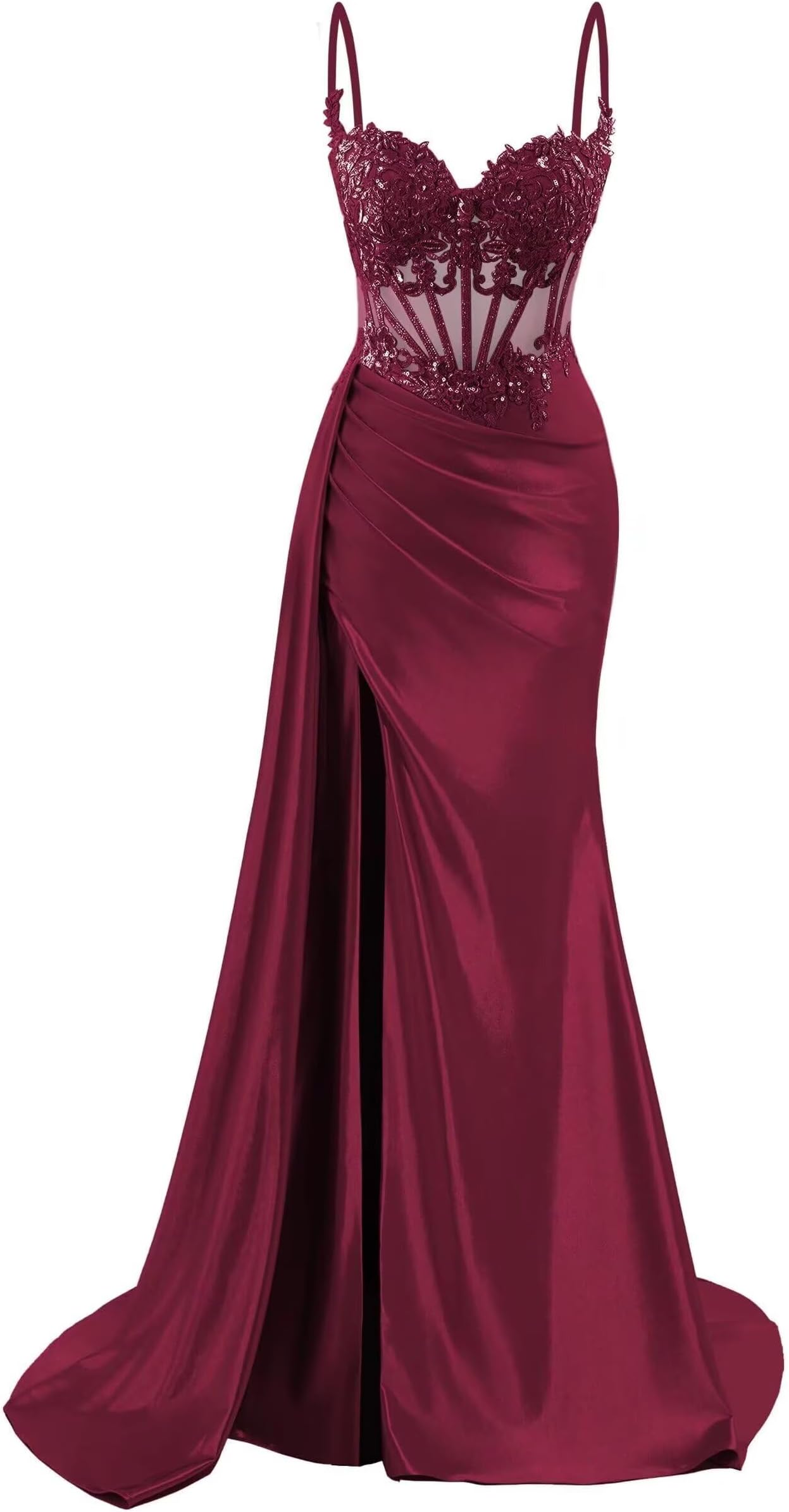 Spaghetti Strap Mermaid Prom Dresses for Women Lace Applique Long Silk Satin Formal Evening Gowns GR022