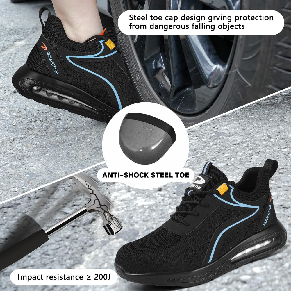 OFFCUP Męskie buty ochronne, buty ochronne, buty robocze ze stalowym noskiem, lekkie, wygodne buty ochronne, buty robocze, trampki przemysłowe, z poduszką powietrzną, czarne