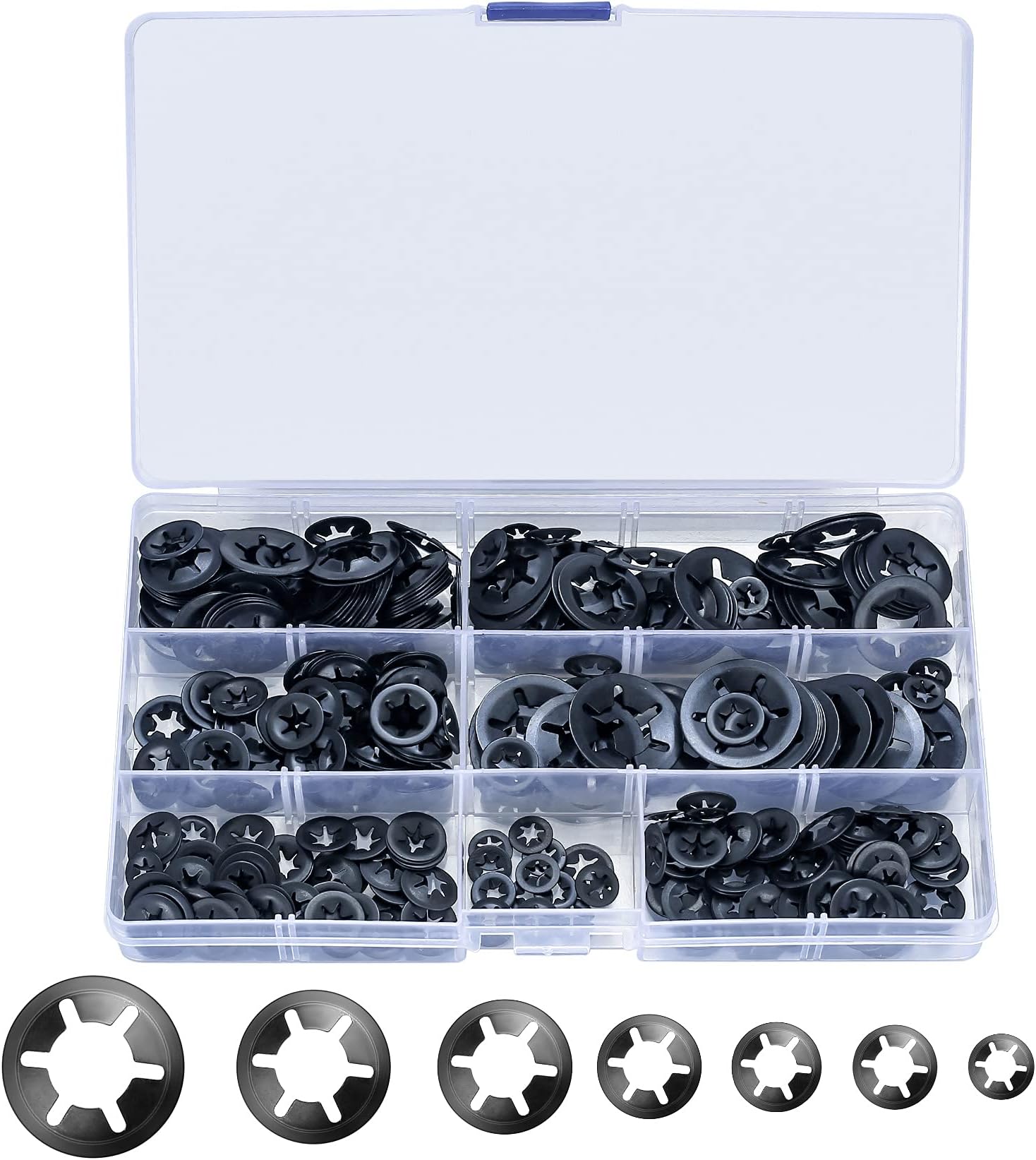 340 Pcs Starlock Internal Tooth Push On Locking Washers, Quick Speed Clips Fasteners, Black Fixed Lock Assortment Kit - M3/M4/M5/M6/M8/M10/M12