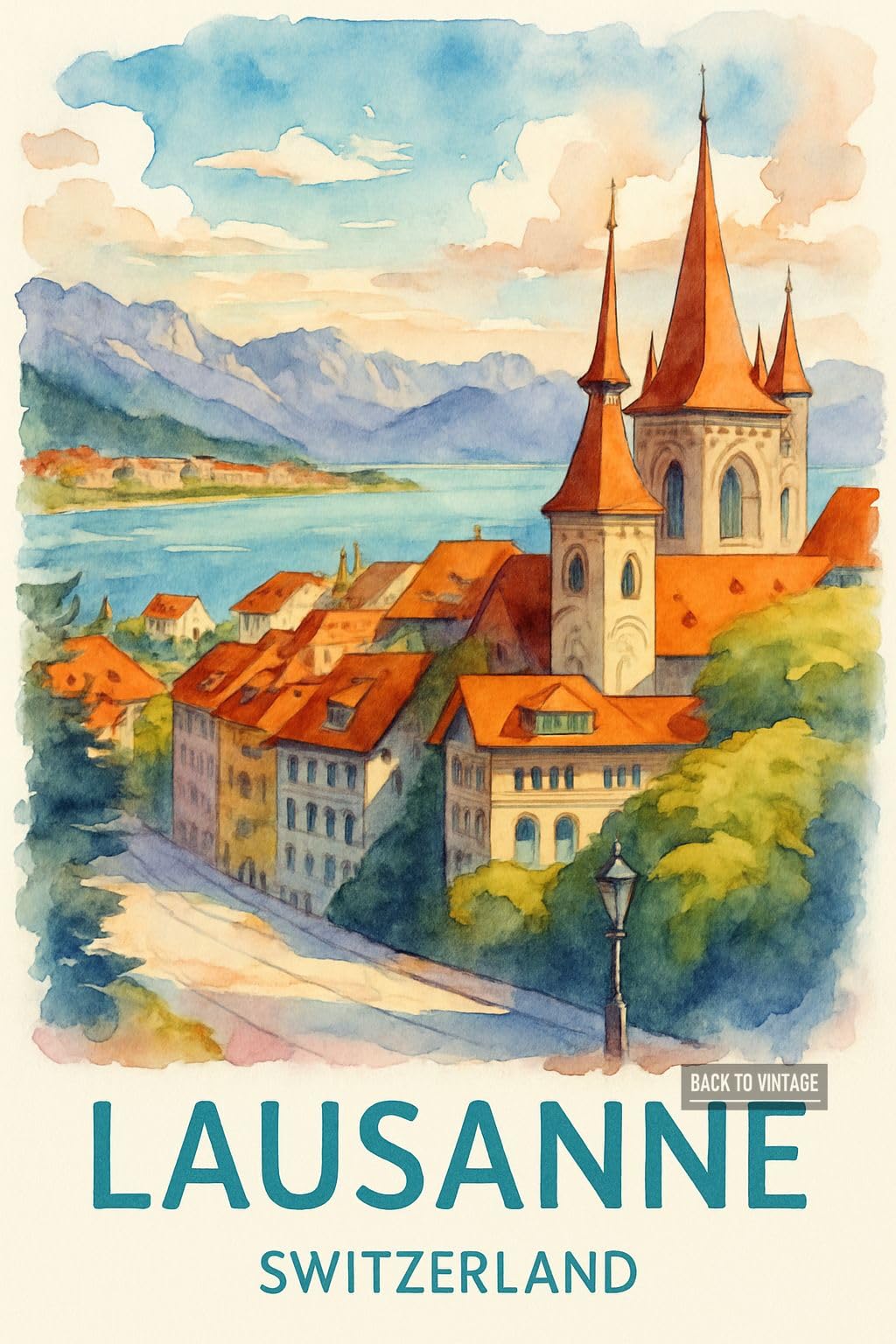 BACK TO VINTAGE Lausanne Switzerland - A4 Travel City Poster Wall Art Home Decor Art Print with Iconic Landmarks and Global Views for Culture Inspired