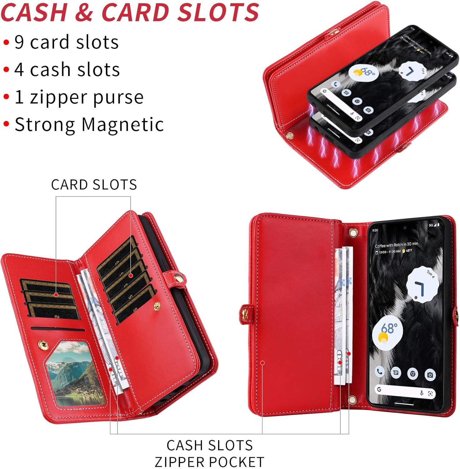 Asuwish Phone Case for Google Pixel 7 Pro 5G Zipper Wallet Detachable Cell Cover with Tempered Glass Screen Protector Strap Bling Glitter Flip Card Holder Pixel7Pro Pixel7 XL Seven 7Pro 6.7 Women Red