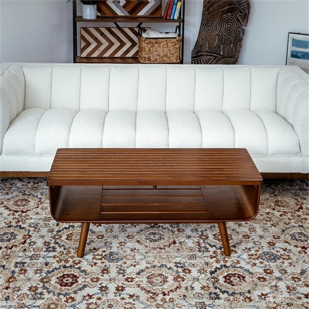BOWERY HILL Mid Century Modern Coffee Table, 44 x 19 x 17.5 in, Walnut Finish, Solid Wood Construction, Angled Legs, Durable Design, Chic Living Room Furniture, Versatile Decorative Display