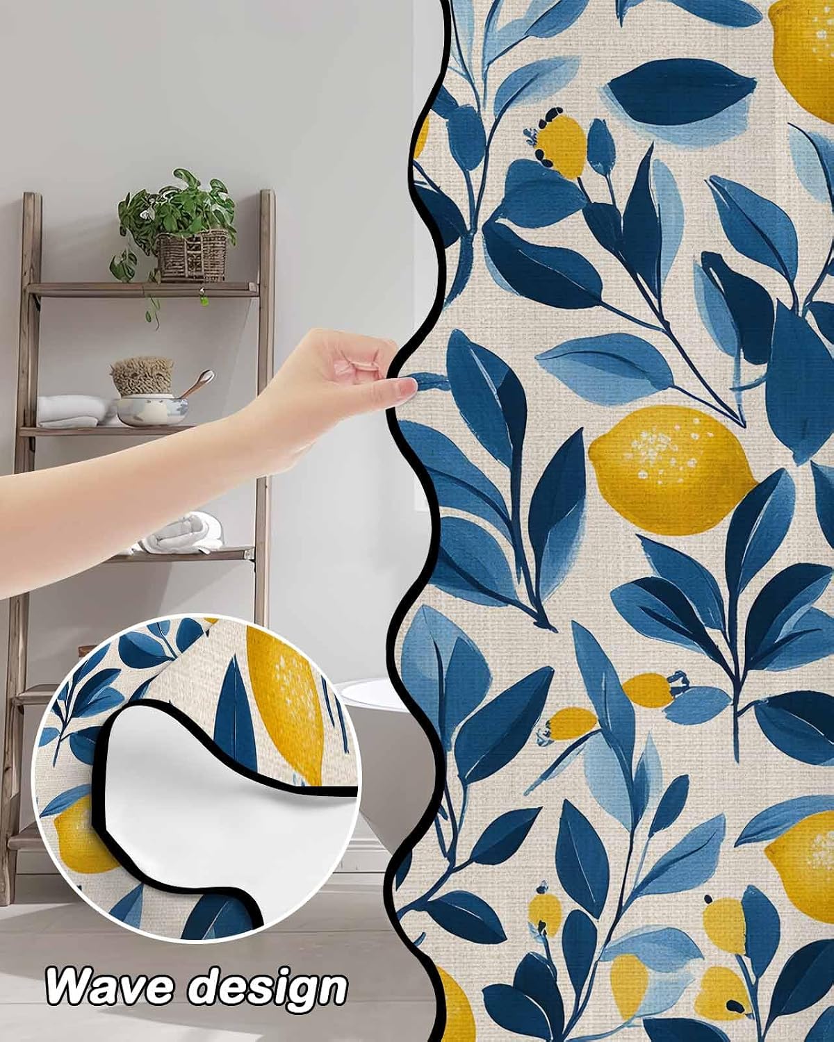 Scalloped Shower Curtain for Bathroom 36"x72" Summer Pastoral Lemon Blue Leaves Watercolor Liner Grain Waterproof Wave Bathroom Shower Curtain Sets with Hooks Bath Home Decor