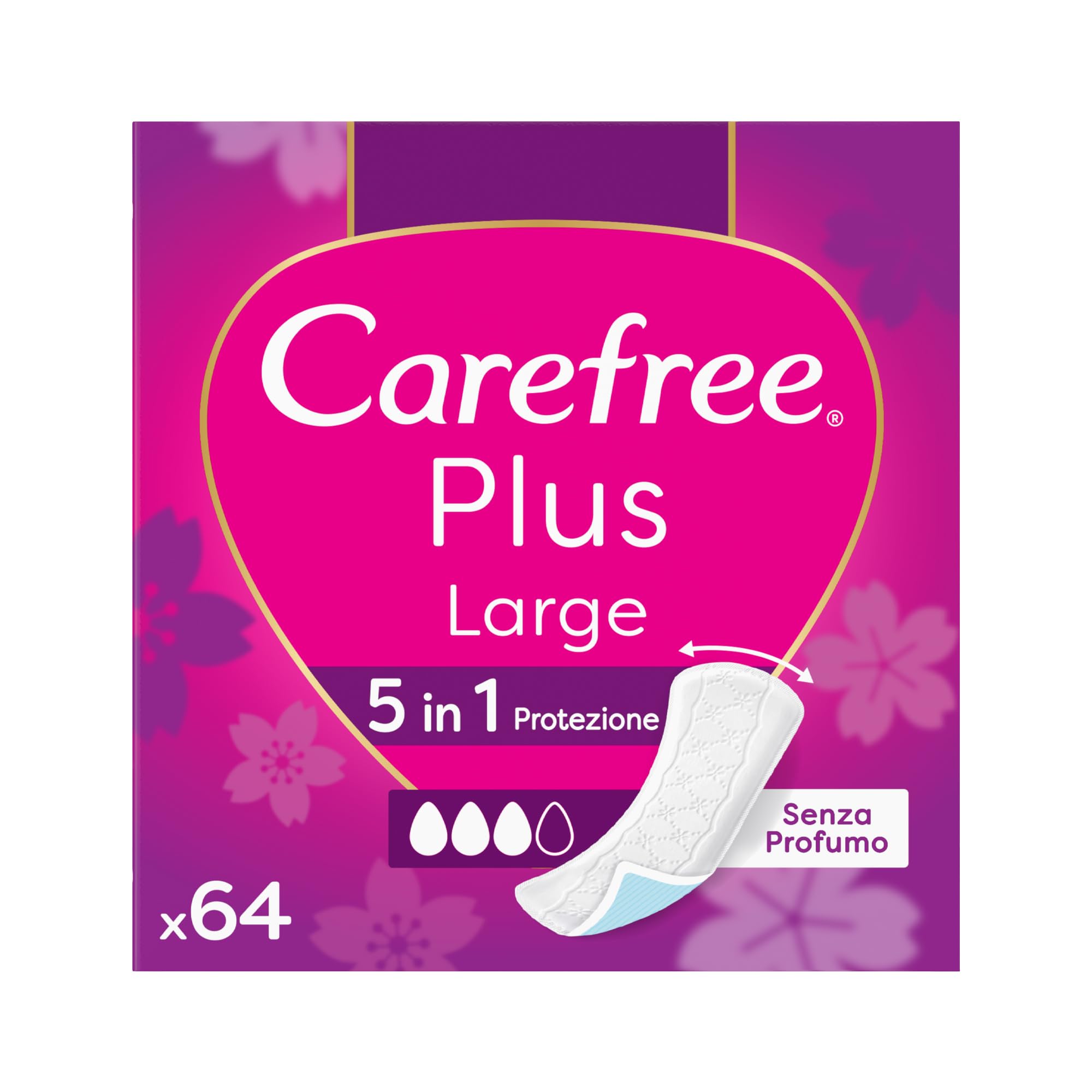Carefree Salvaslip Plus Large Senza Profumo, Salva slip donna extra ampio con protezione 5in1 per 8h di sensazione di asciutto, Assorbenti senza profumo ultra sottili per uso quotidiano, 64 salvaslip